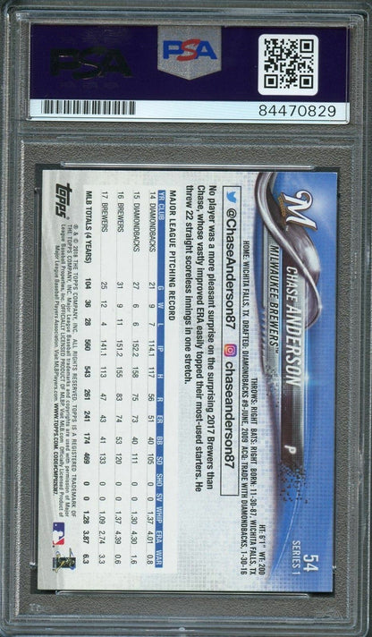 2018 Topps Series 1 #54 Chase Anderson Signed Card PSA Slabbed Auto 10 Brewers