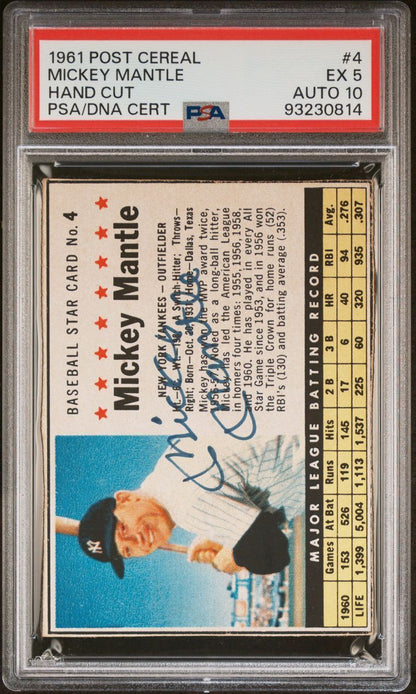 1961 Post Cereal Hand Cut #4 Mickey Mantle Signed Card PSA Ex 5 Slabbed AUTO 10