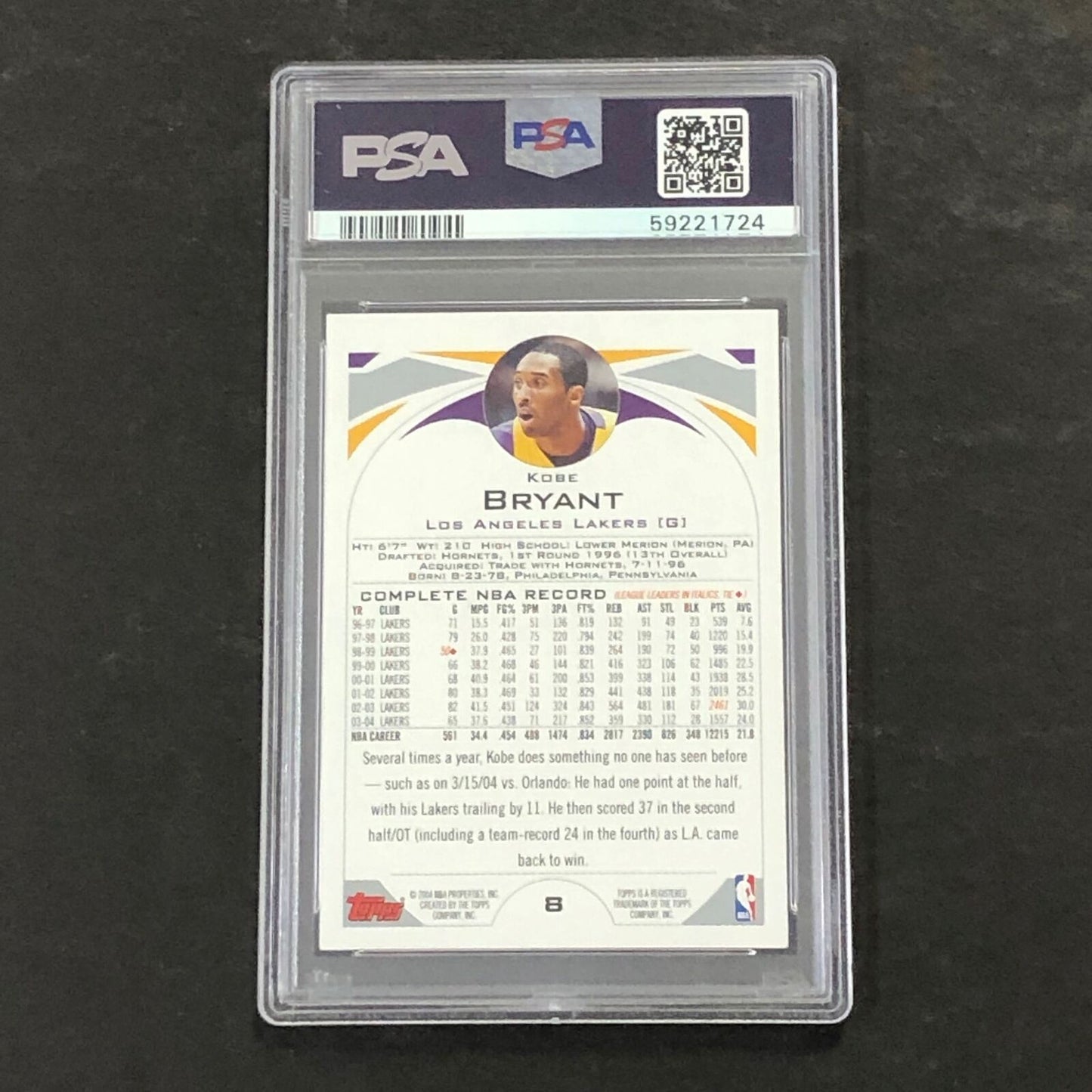 2004 Topps #8 Kobe Bryant PSA 7 NM Lakers