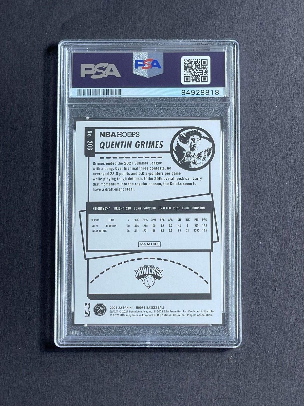 2021-22 NBA Hoops #206 Quentin Grimes Signed Card PSA Slabbed Knicks