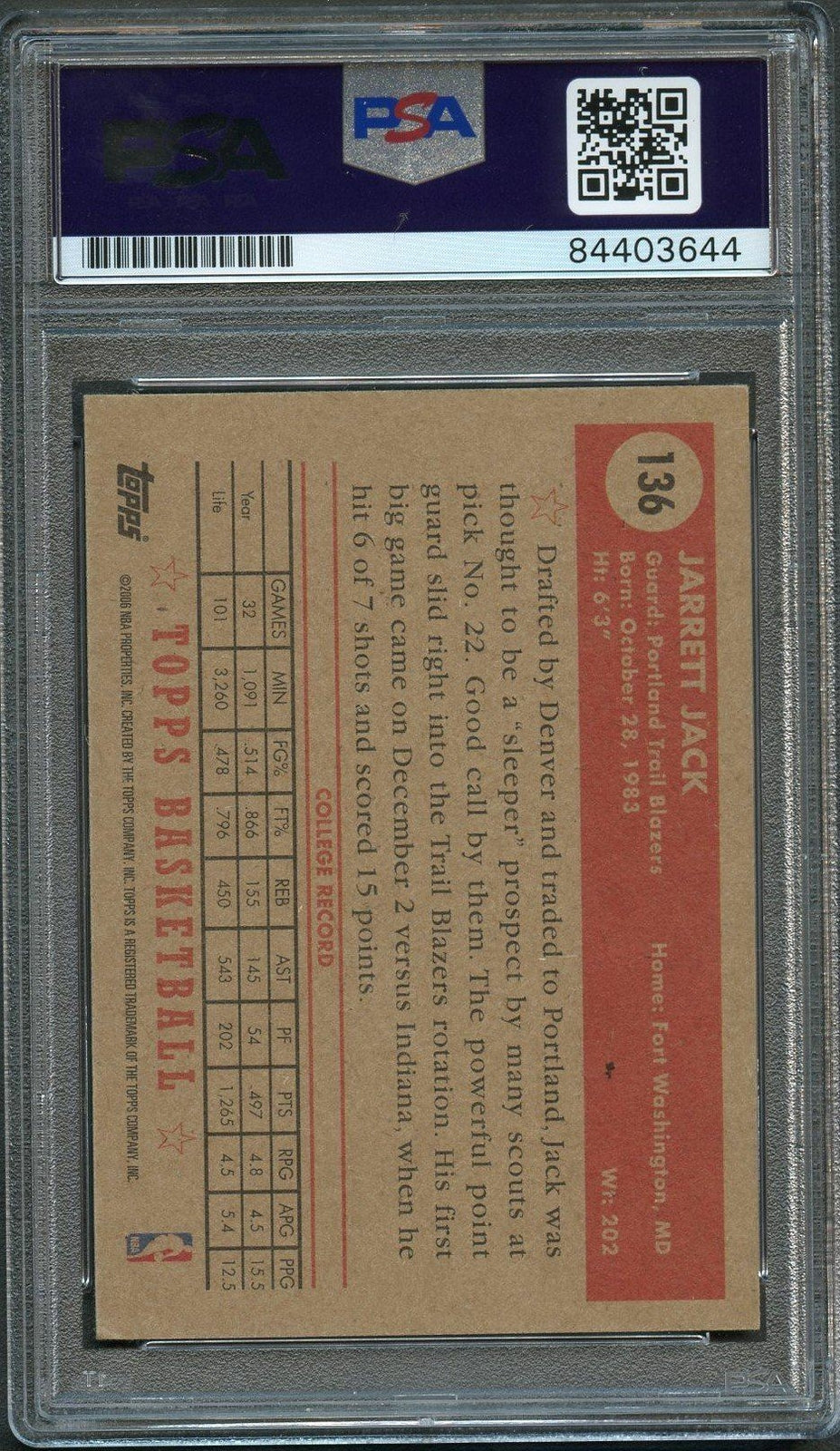 2005-06 Topps 1952 Style #136 Jarrett Jack Signed Card AUTO PSA Slabbed Trail Bl
