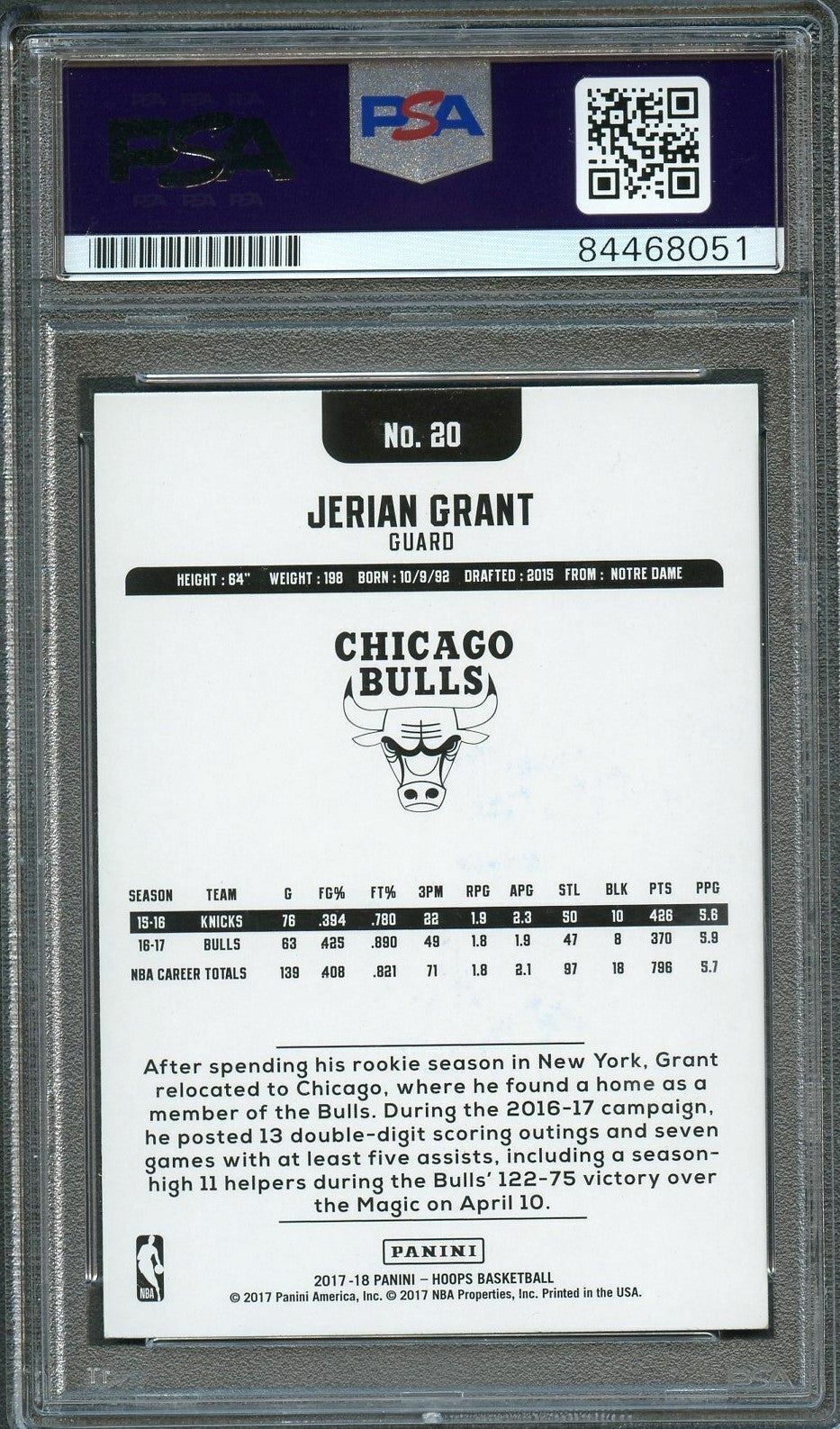 2017-18 NBA Hoops #20 Jerian Grant Signed Card AUTO PSA Slabbed Bulls