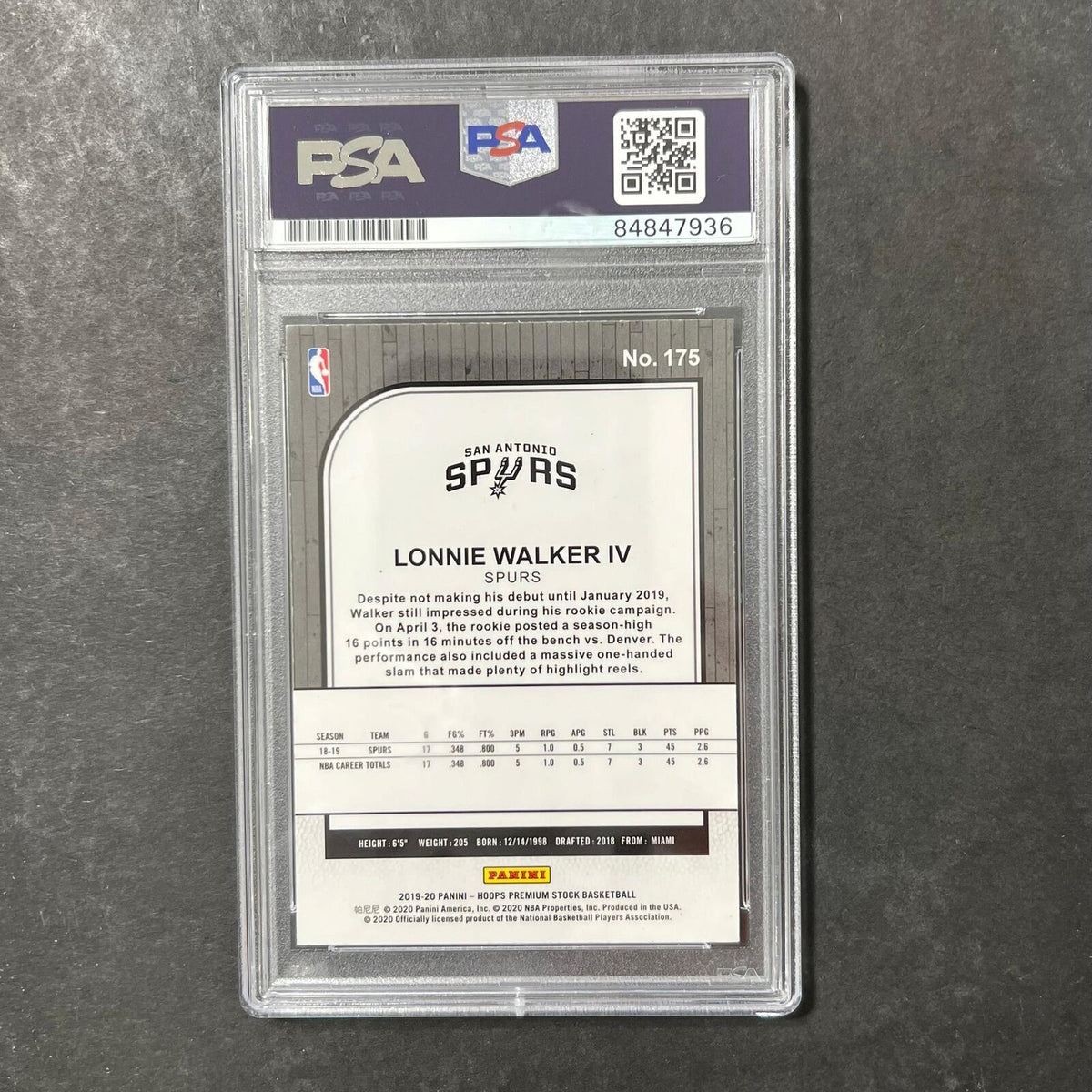 2019-20 Panini Hoops Premium Stock #175 Lonnie Walker IV Signed Card AUTO PSA/DN