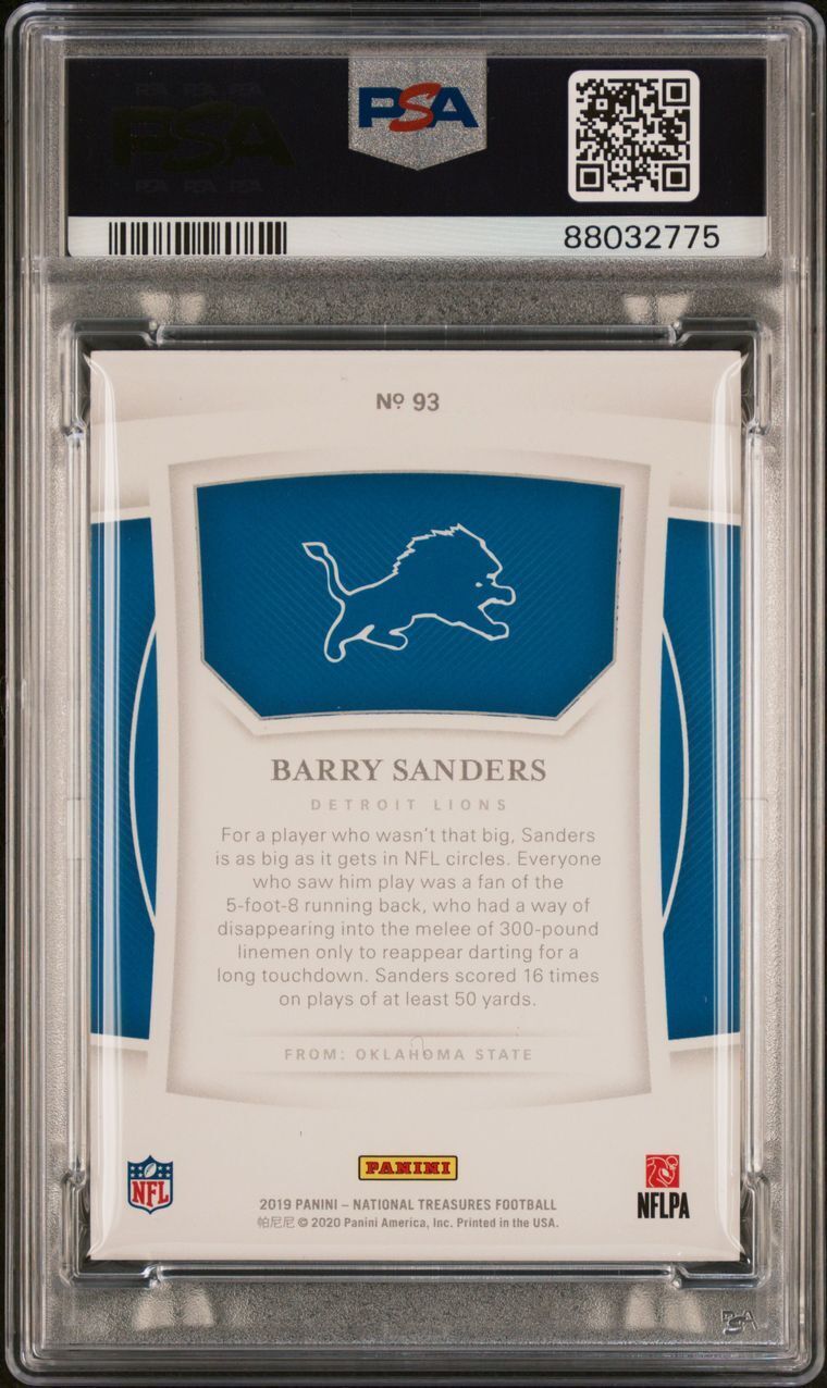 2019 Panini National Treasures Holo Silver #93 Barry Sanders Signed Card PSA 10