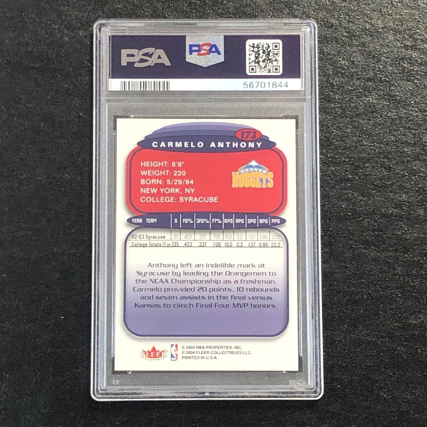 2003 Ultra Hummer H2 #173 Carmelo Anthony PSA 7 NM Nuggets