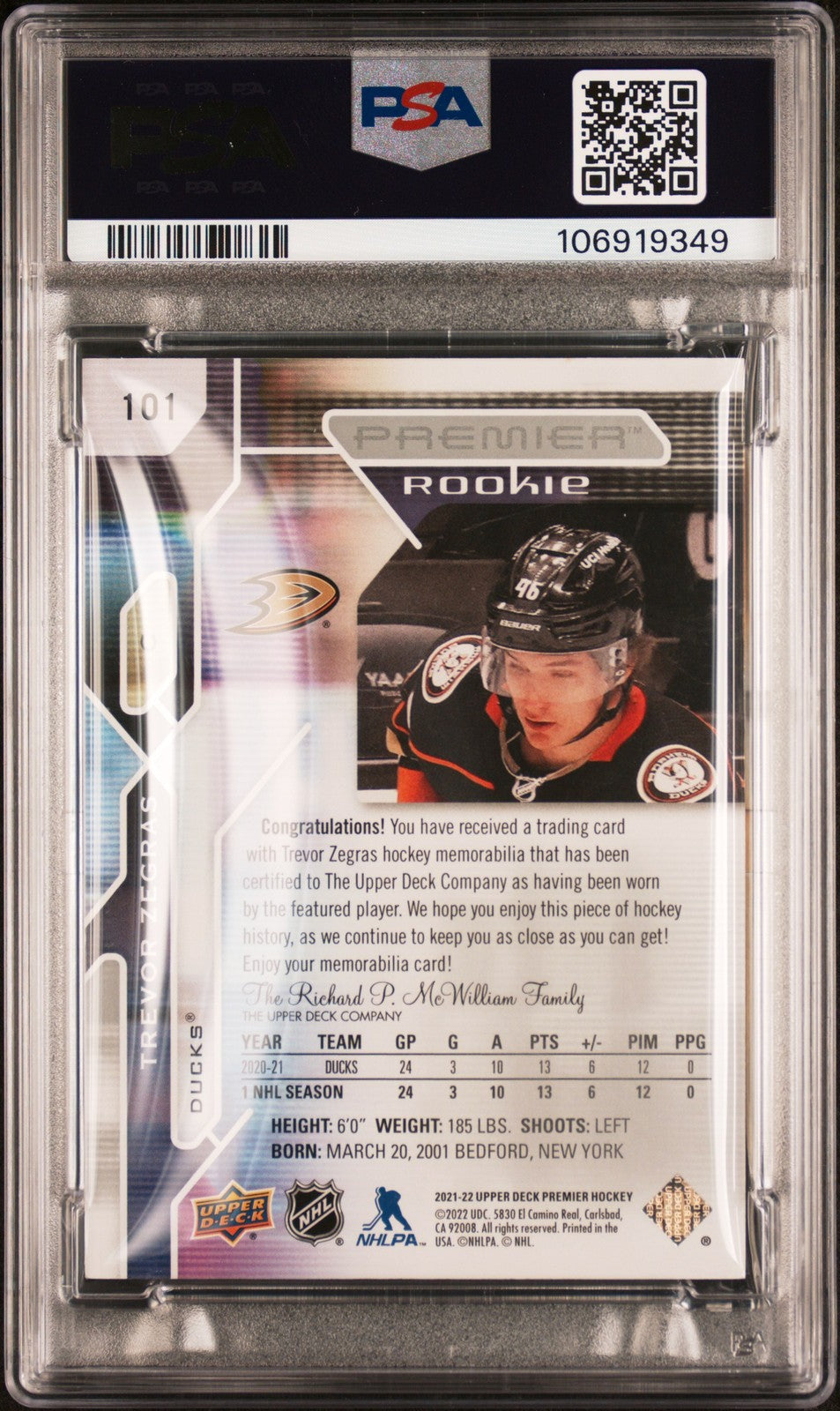 2021 Upper Deck Premier #101 Trevor Zegras Jersey signed card PSA 7 Auto A Ducks