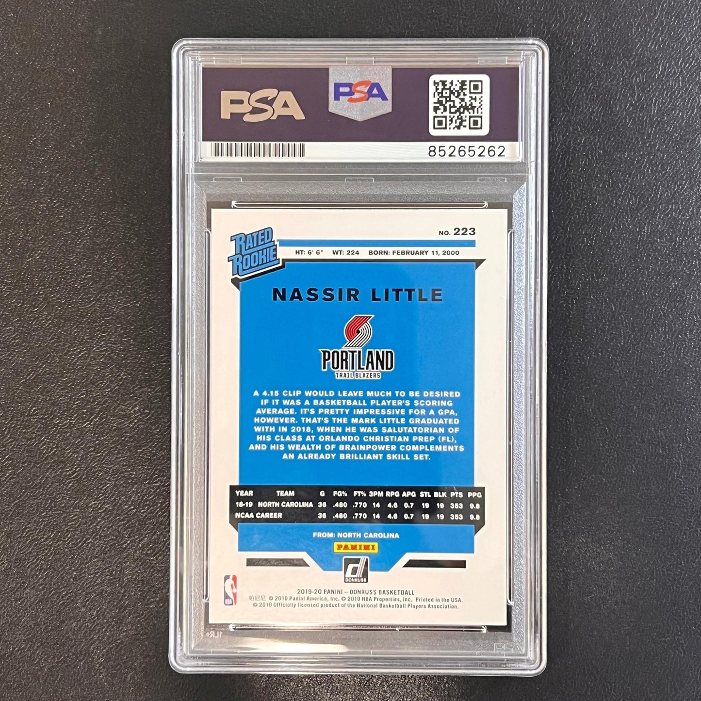 2019-20 Donruss Rated Rookie #223 Nassir Little Signed Rookie Card AUTO PSA Slab