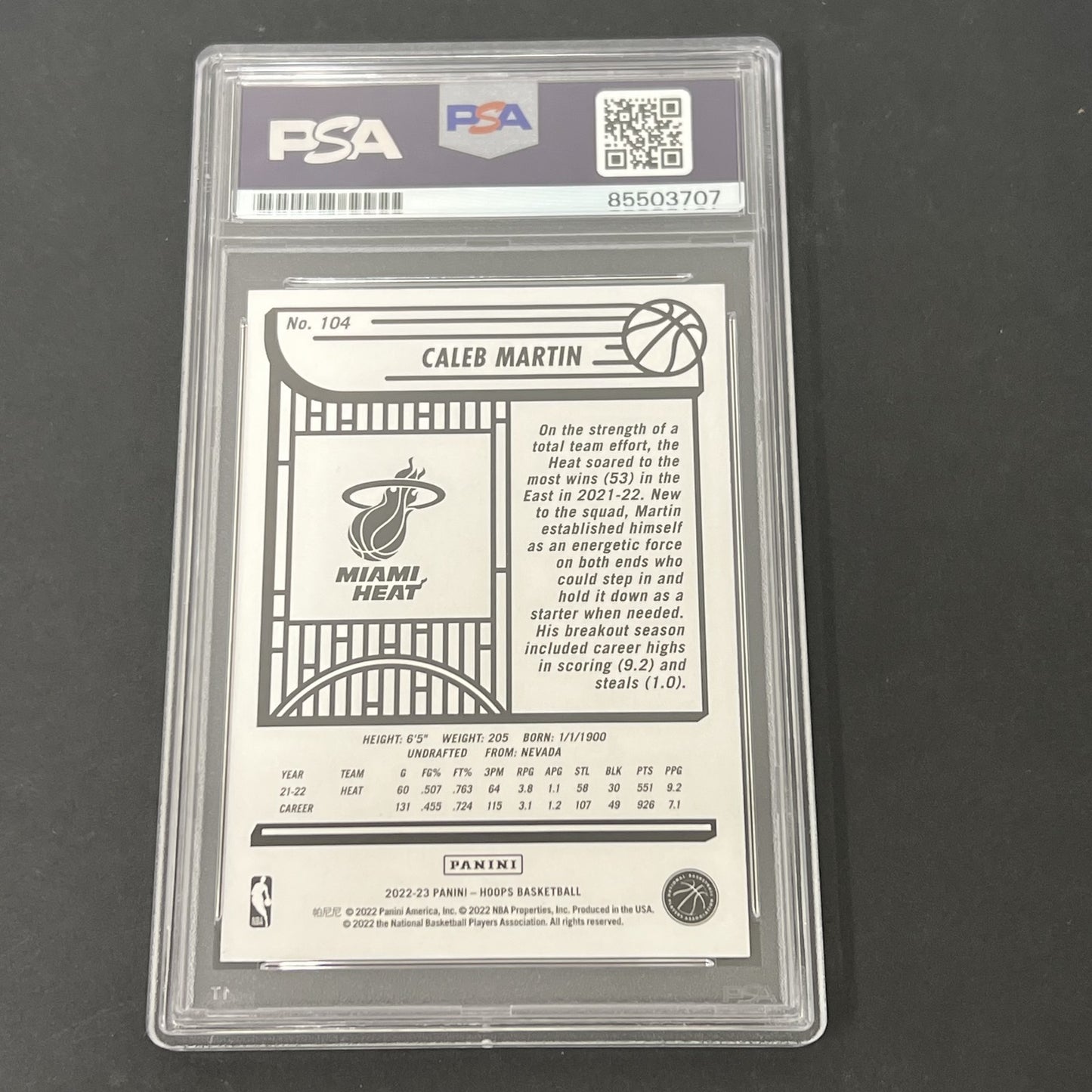 2022-23 Panini NBA Hoops #104 Caleb Martin signed card PSA