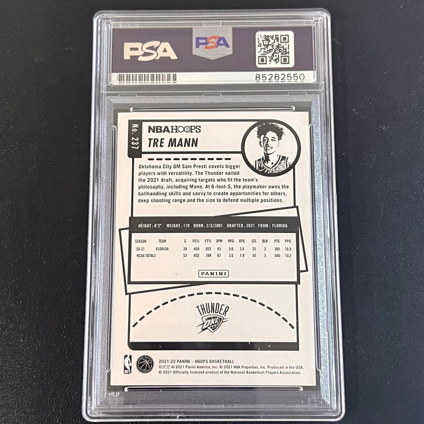 2021-22 Panini Hoops #237 Tre Mann Signed AUTO PSA RC Slabbed Thunder
