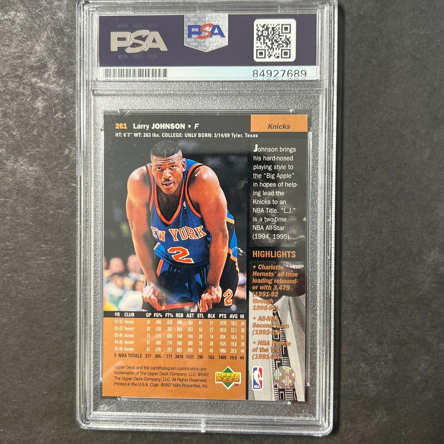 1996-97 Upper Deck #261 Larry Johnson Signed Card AUTO 10 PSA Slabbed Knicks