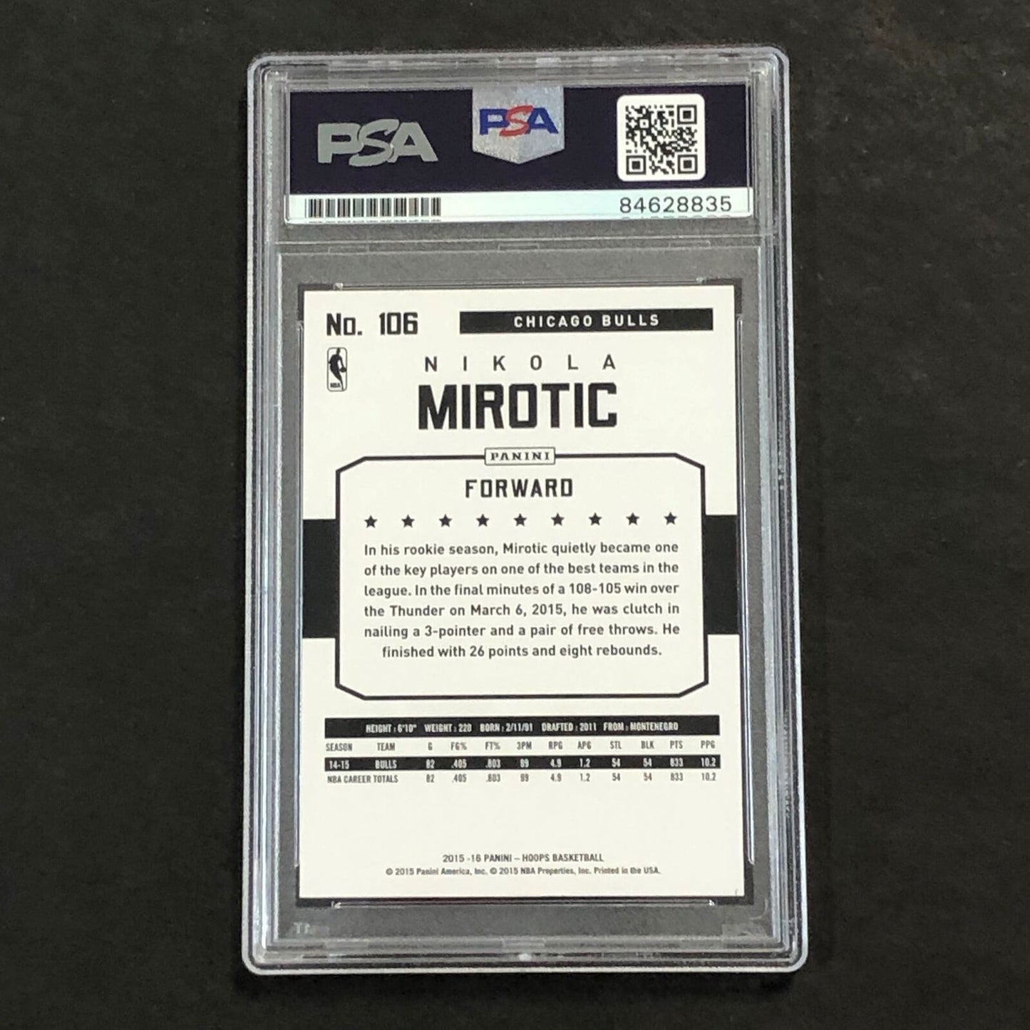 2015-16 NBA Hoops #106 Nikola Mirotic Signed Card AUTO 10 PSA Slabbed Bulls