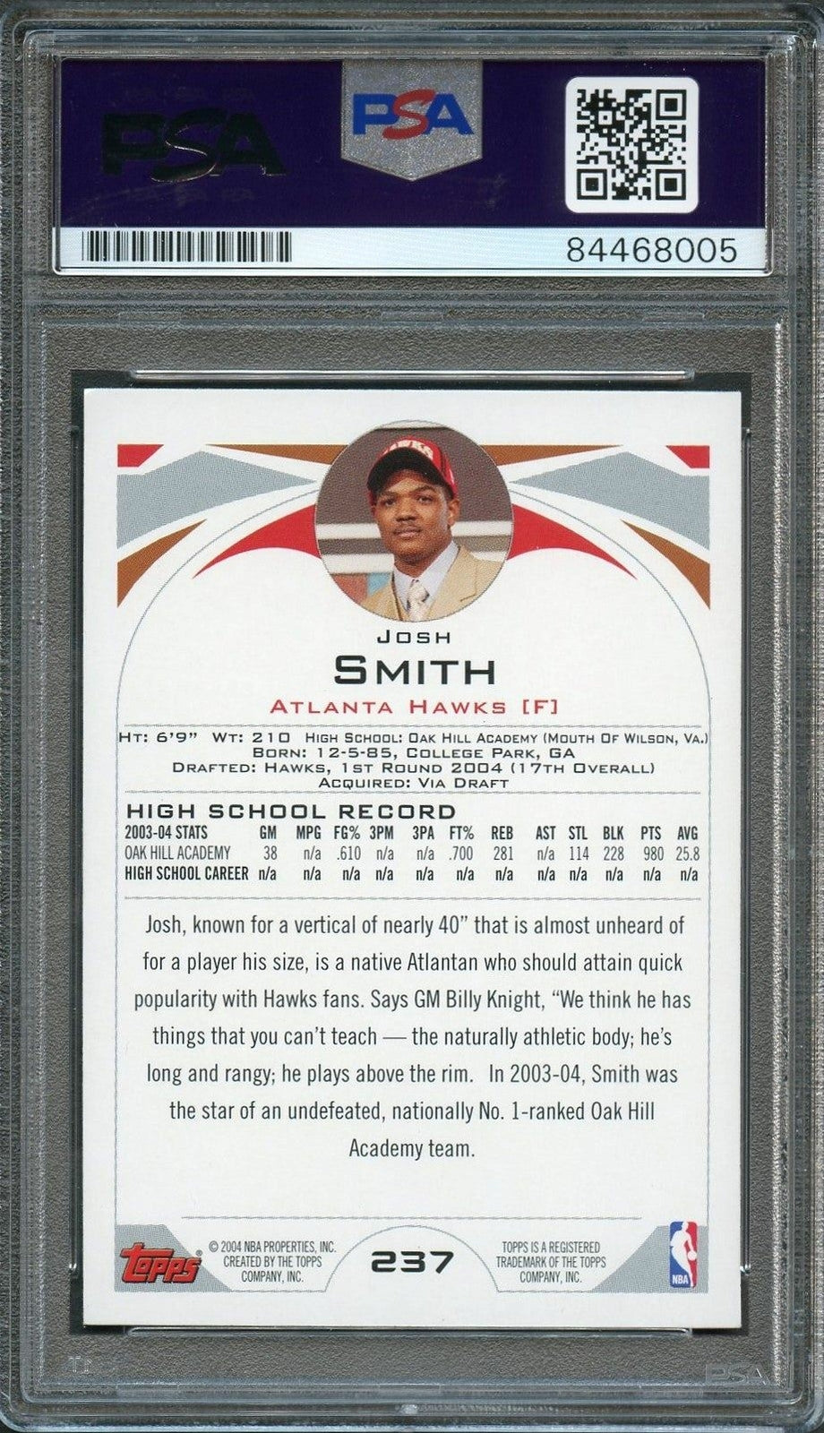 2004 Topps #237 Josh Smith signed Auto Card PSA/DNA Slabbed RC Hawks