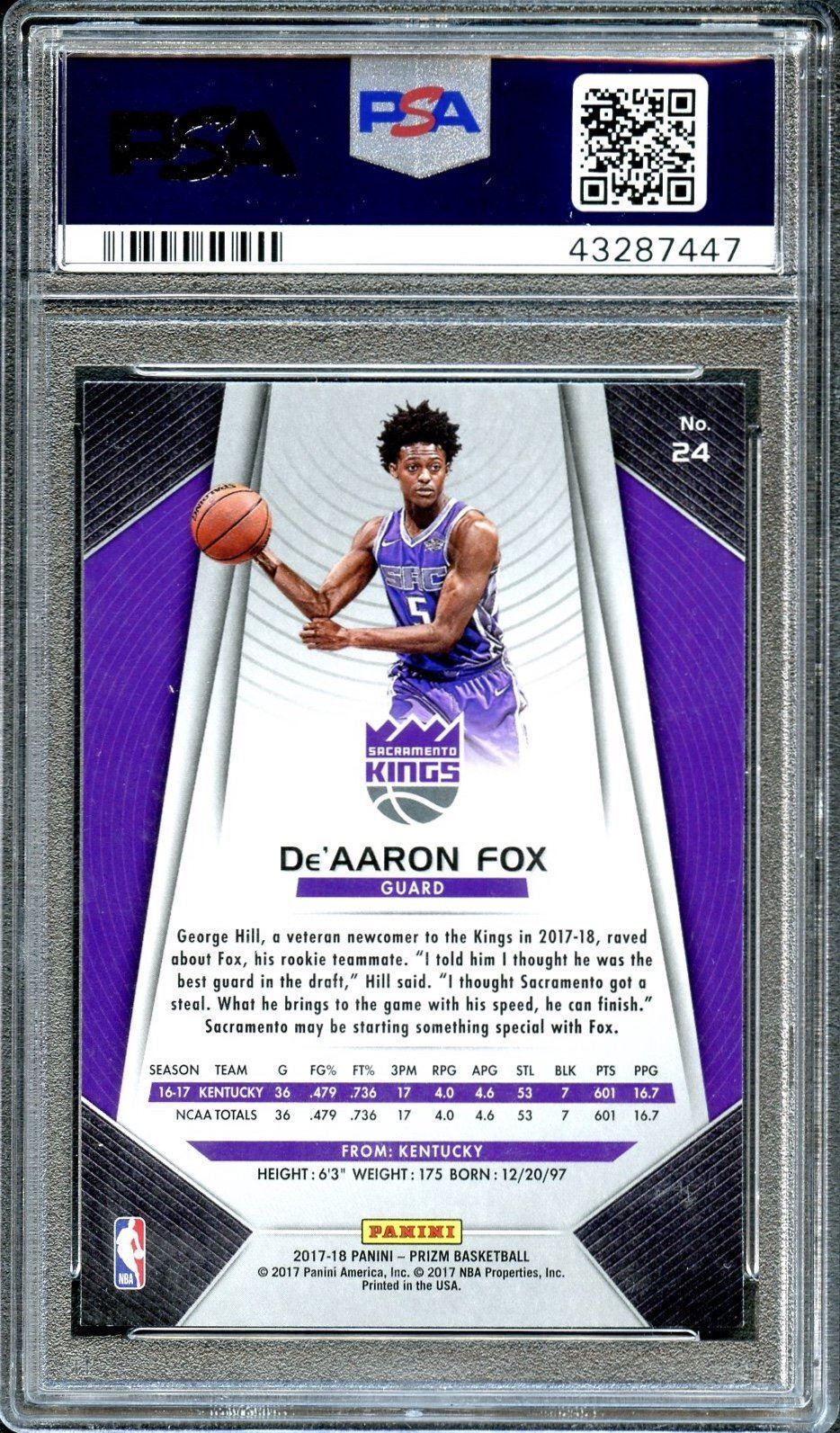 2017 Panini Prizm De'Aaron Fox Signed Auto PSA 10 RC