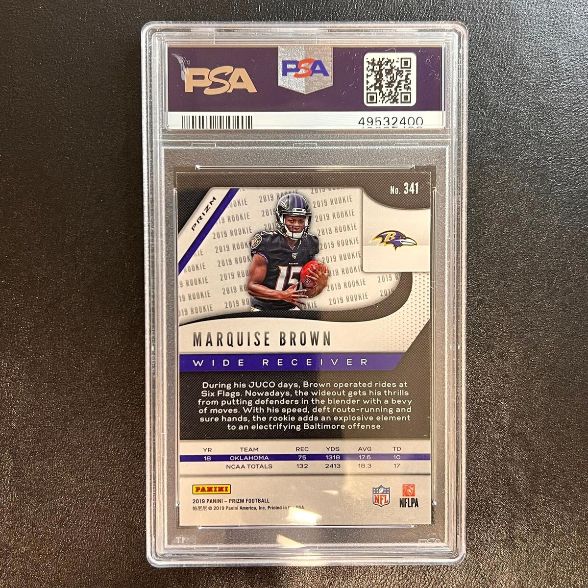 2019 Panini Prizm Red/White/Blue Prizm #341 Marquise Brown Card PSA GEM MT 10 Sl