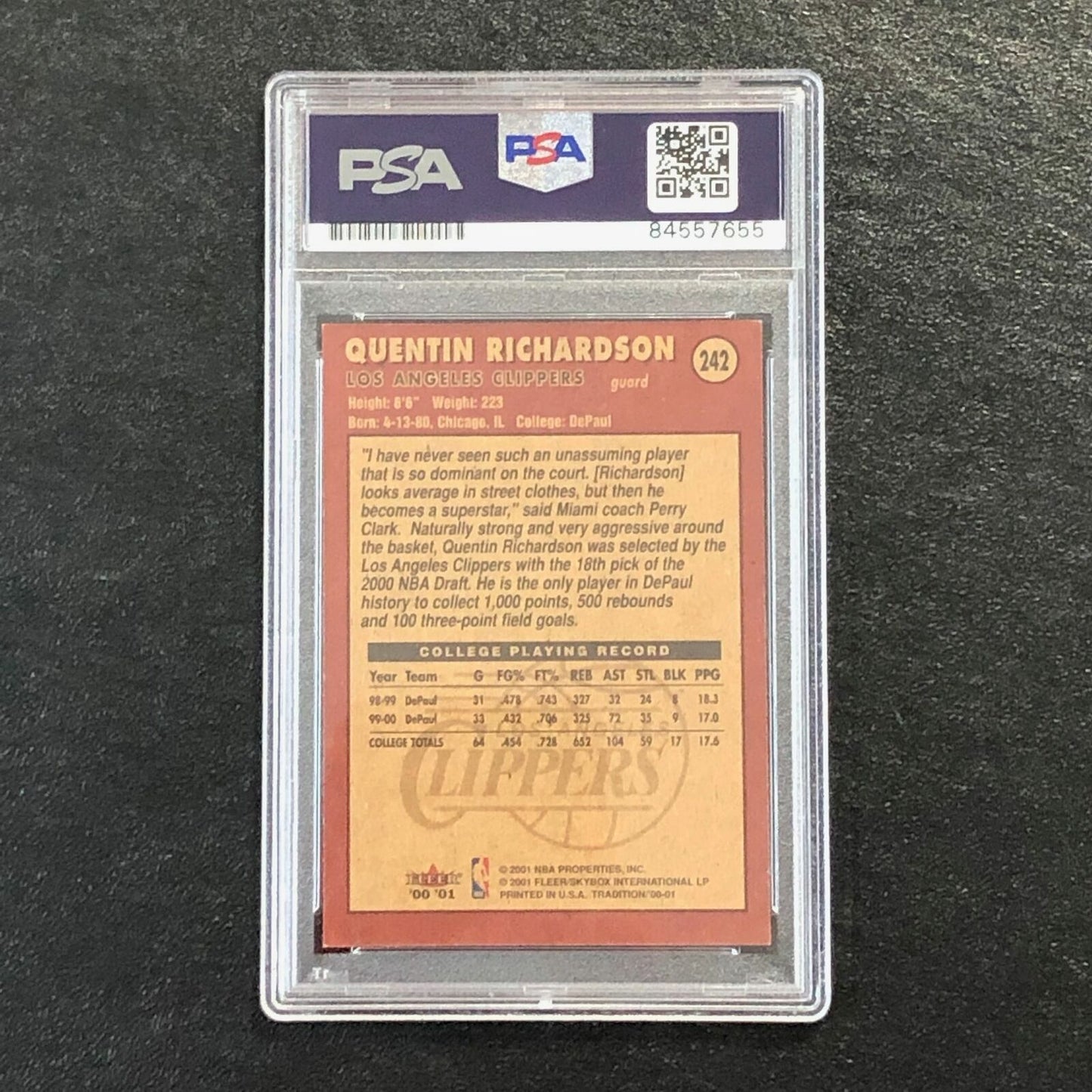2000-01 Fleer Tradition #216 Quentin Richardson Signed Card AUTO 10 PSA Slabbed