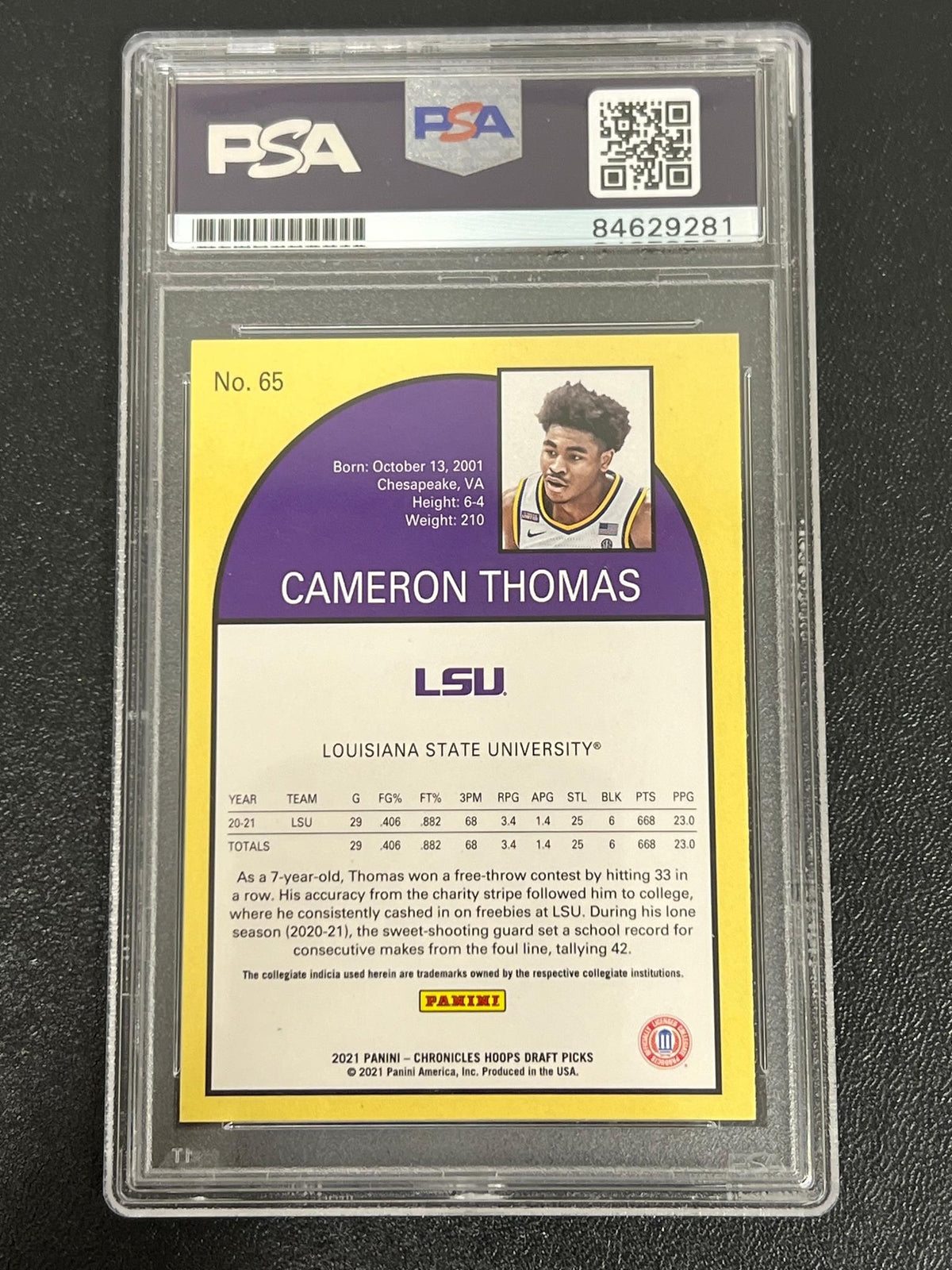 2021 Panini Chronicles #65 Cameron Thomas Signed Card PSA/DNA AUTO 10 LSU