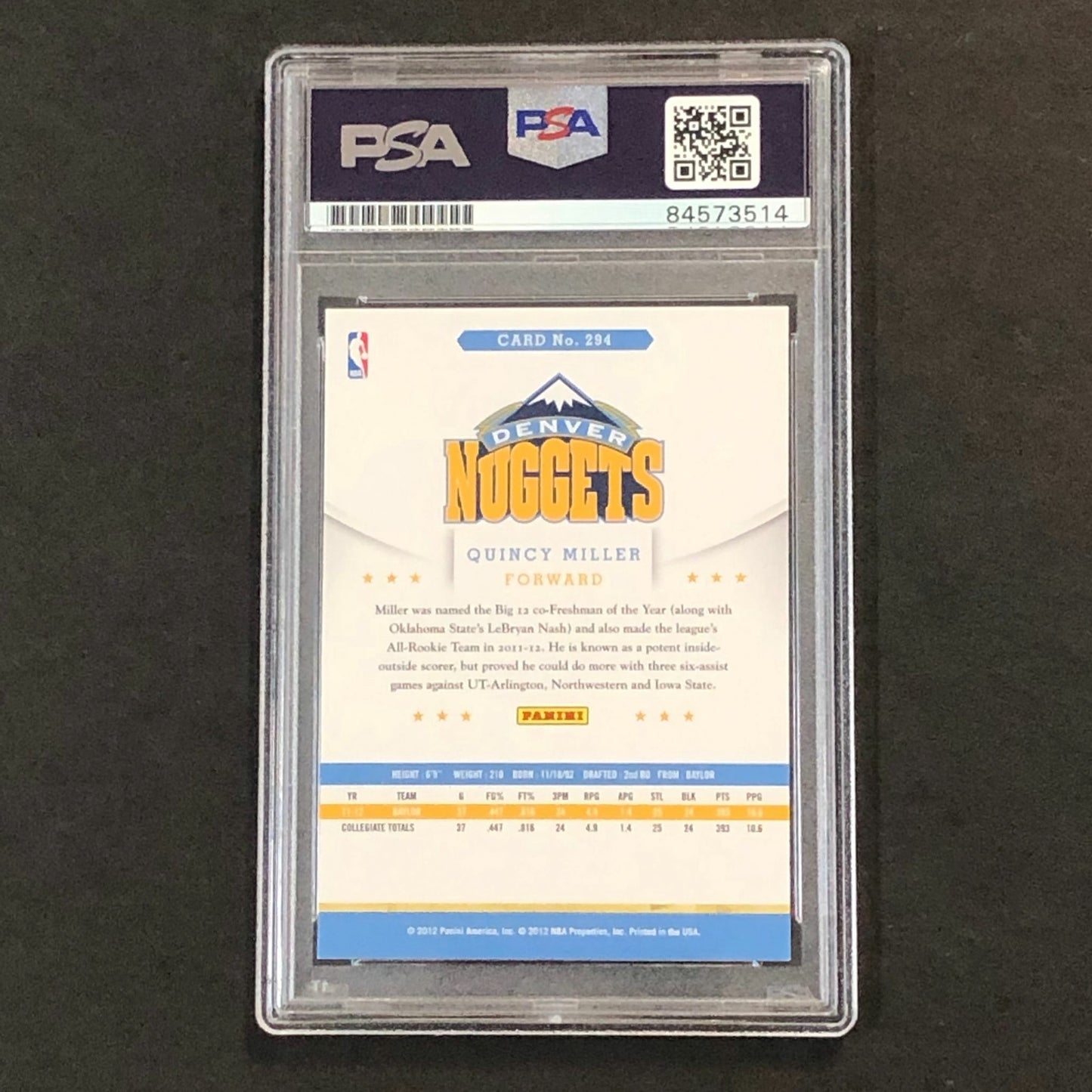2012-13 NBA Hoops #294 Quincy Miller Signed AUTO 10 PSA Slabbed Nuggets