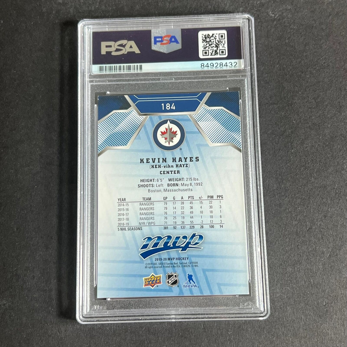 2019-20 Upper Deck MVP Hockey #184 Kevin Hayes Signed Card AUTO PSA Slabbed Jets