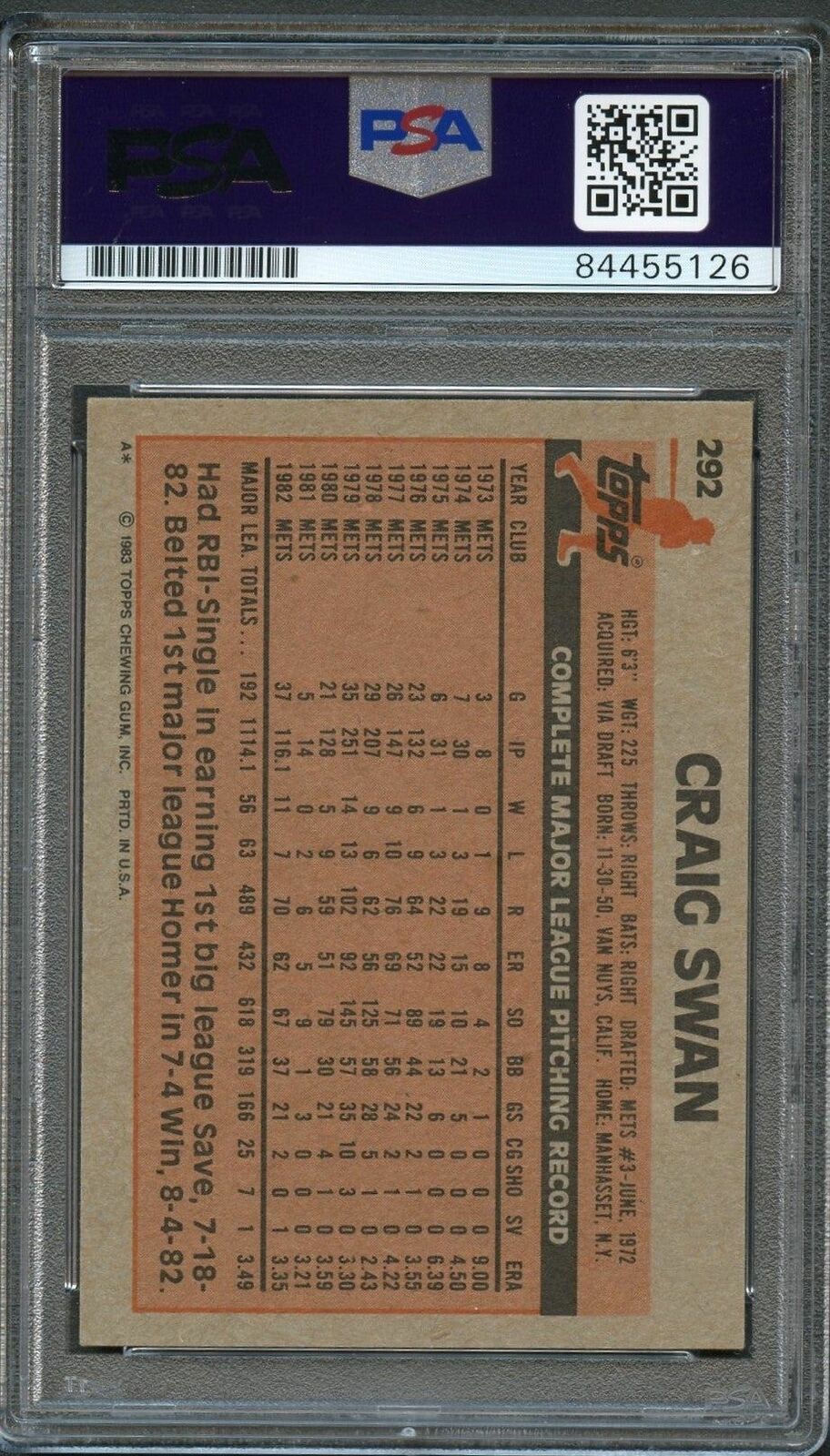 1983 Topps #292 Craig Swan Signed Card PSA Slabbed Auto Mets