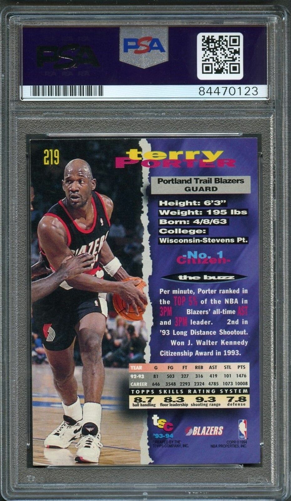 1993-94 Topps Stadium Club #219 Terry Porter Signed Card AUTO PSA Slabbed Trail