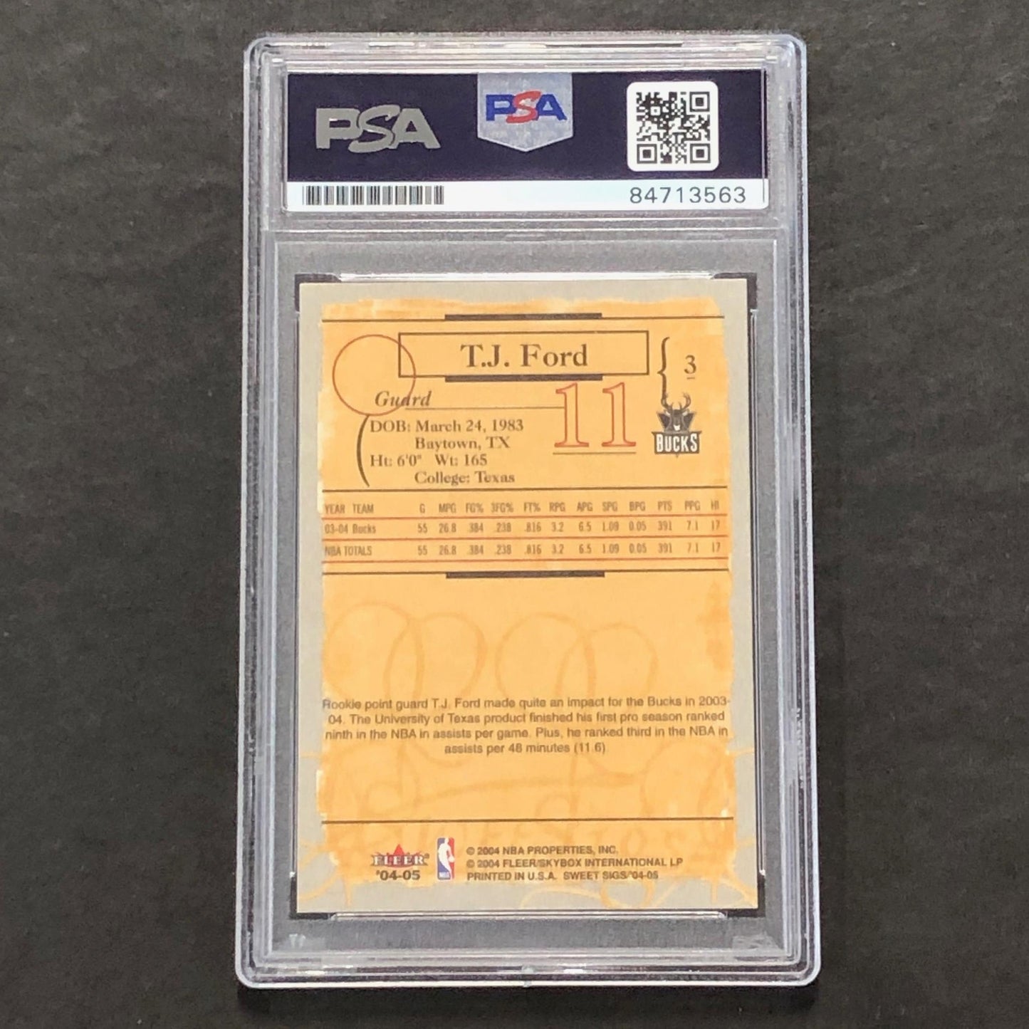 2004-05 Fleer Sweet Sigs #3 TJ Ford Signed Card Auto 10 PSA/DNA Slabbed Bucks