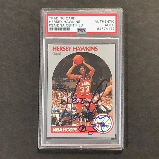 1990-91 NBA Hoops #229 Hersey Hawkins Signed Card AUTO PSA Slabbed 76ers