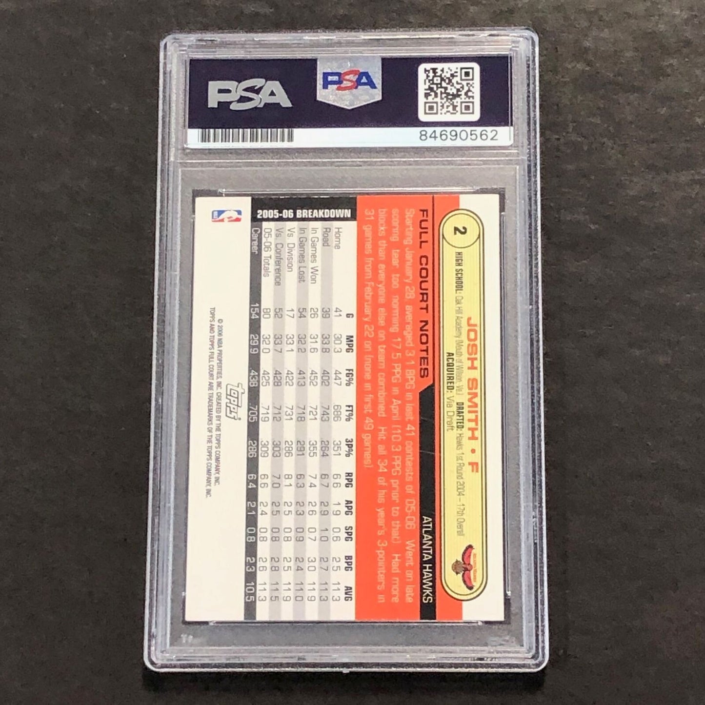 2005-06 Topps Full Court #2 Josh Smith signed Auto Card PSA/DNA Slabbed Hawks