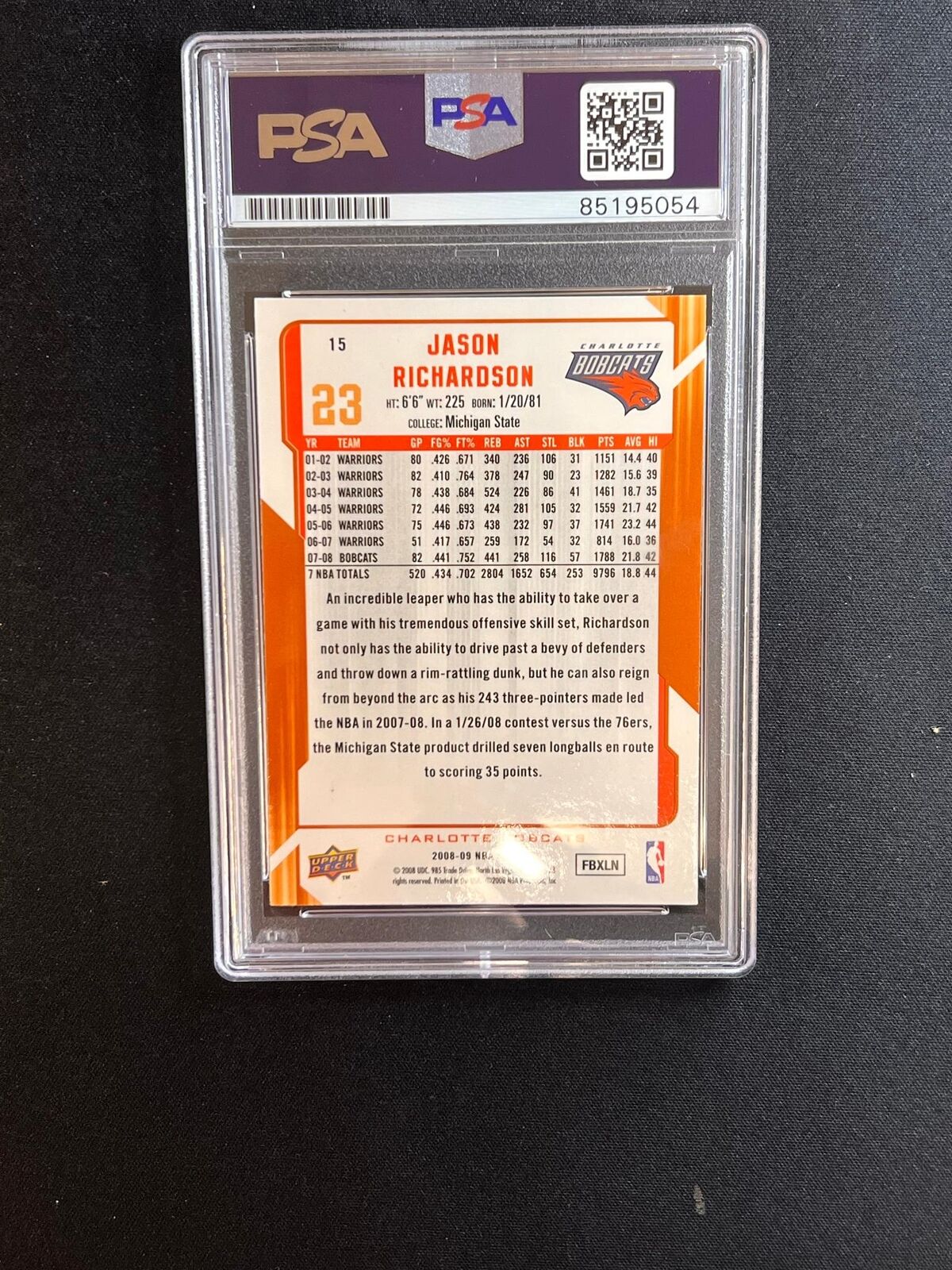 2008-09 Upper Deck Basketball #15 Jason Richardson Signed Card AUTO PSA Slabbed