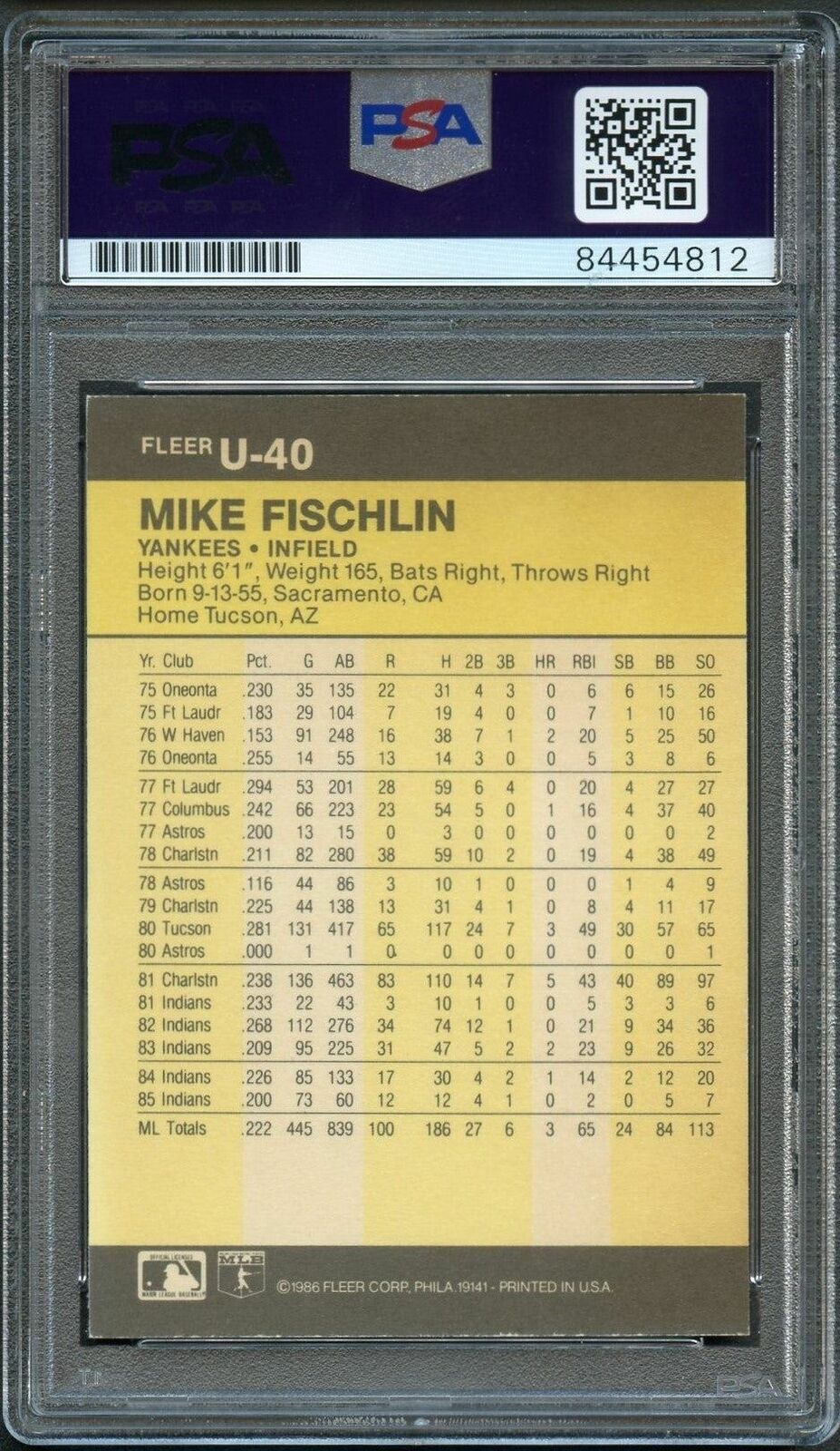 1986 Fleer Update #40 Mike Fischlin Signed Card AUTO 10 PSA Slabbed