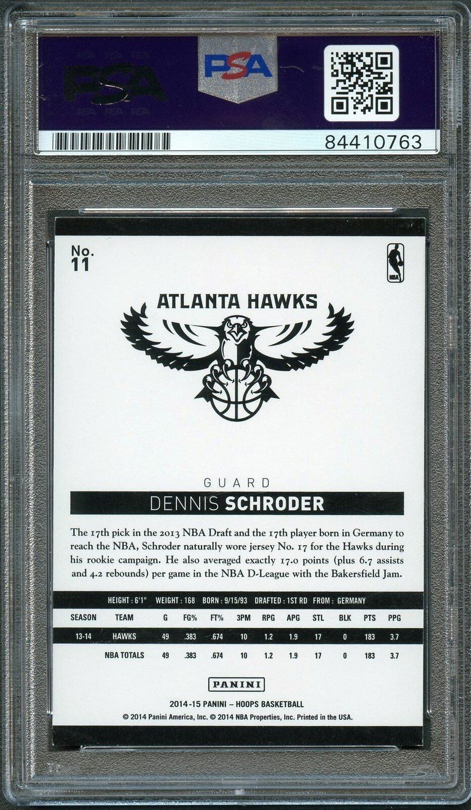 2014-15 NBA Hoops #11 Dennis Schroder Signed Card AUTO 10 PSA Slabbed Hawks
