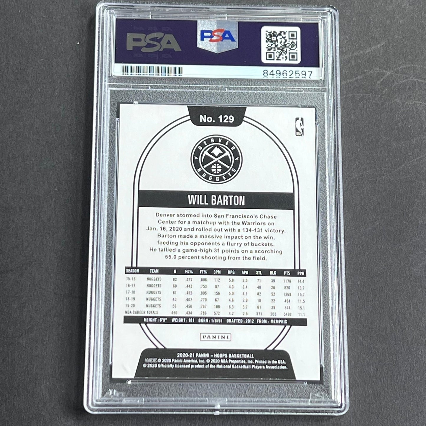 2020-21 Panini NBA Hoops #129 Will Barton Signed Card AUTO Grade 10 PSA Slabbed