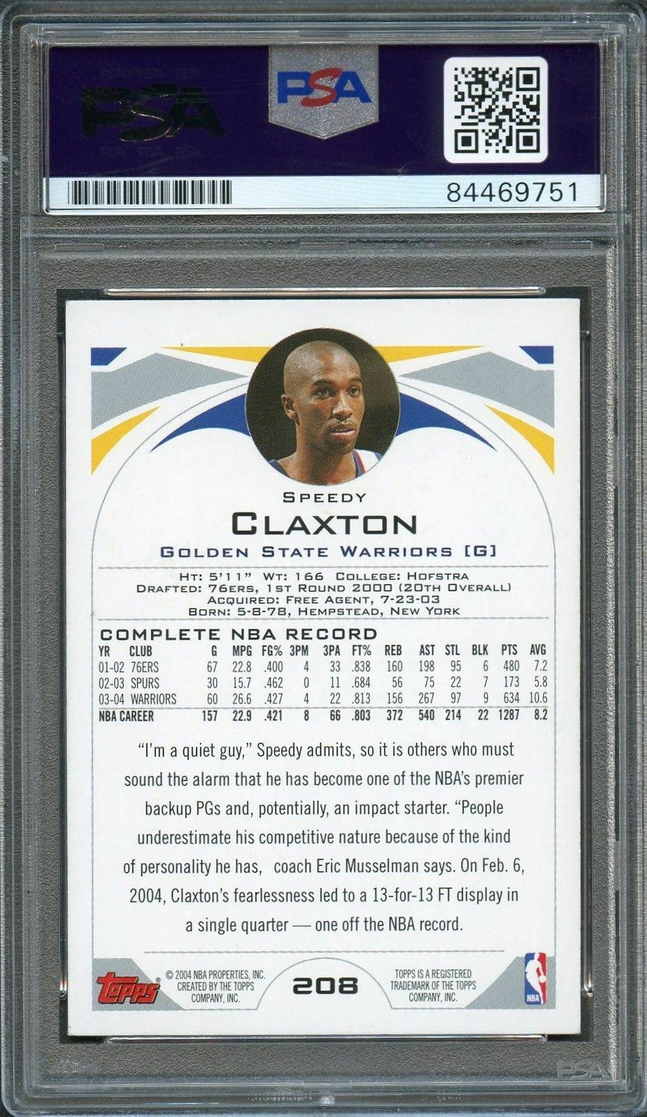 2004 Topps #208 Speedy Claxton Signed Card Auto PSA Slabbed