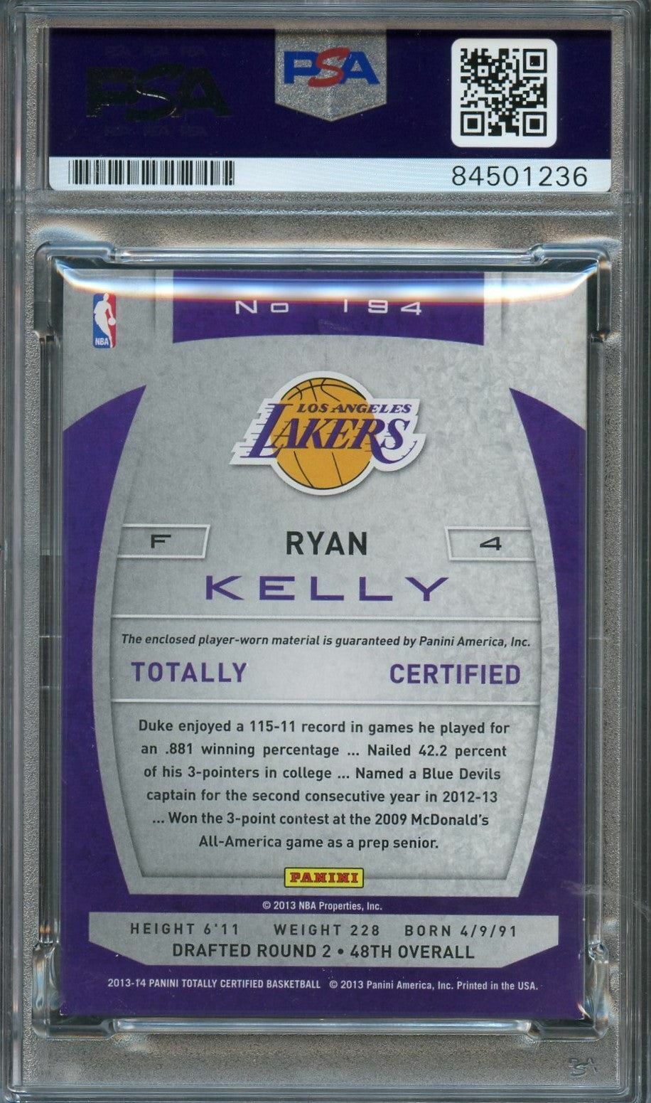 2013-14 Totally Certified Memorabilia #194 Ryan Kelly Signed Card AUTO PSA Slabb