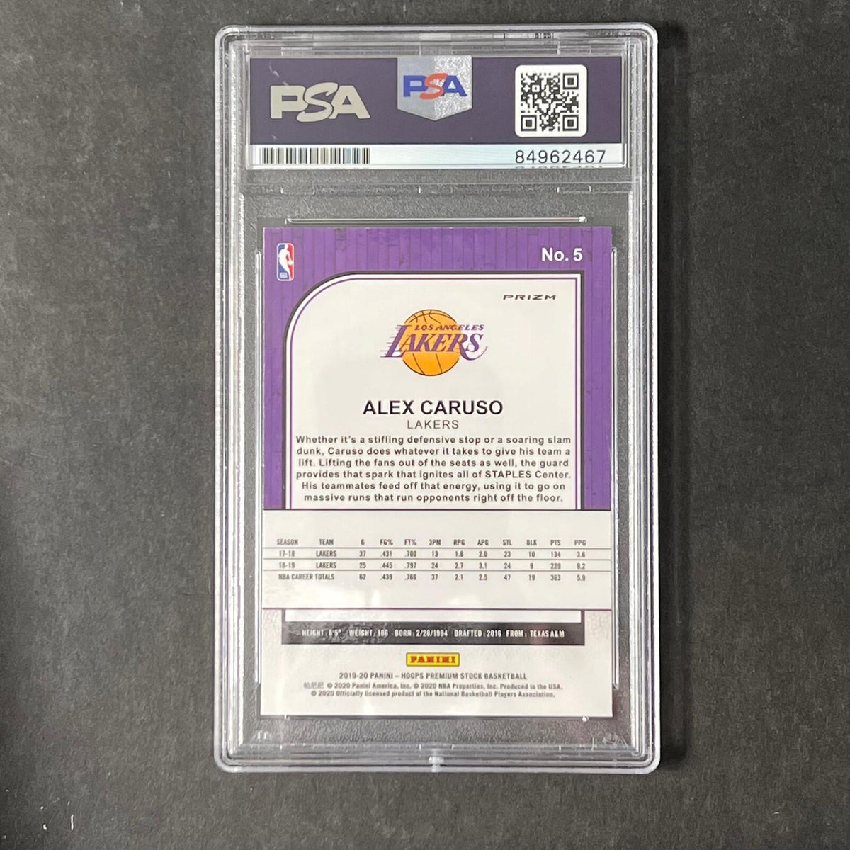 2019-20 Panini Hoops Premium Stock #5 Alex Caruso Signed Card AUTO PSA Slabbed L