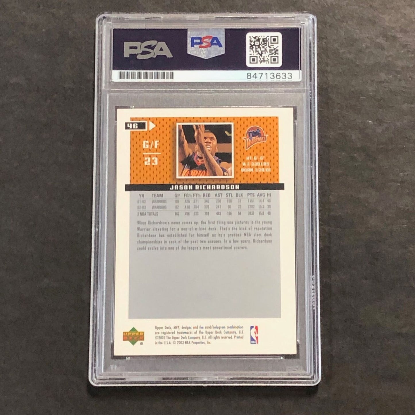 2003-04 Upper Deck MVP #46 Jason Richardson Signed Card AUTO PSA Slabbed Warrior