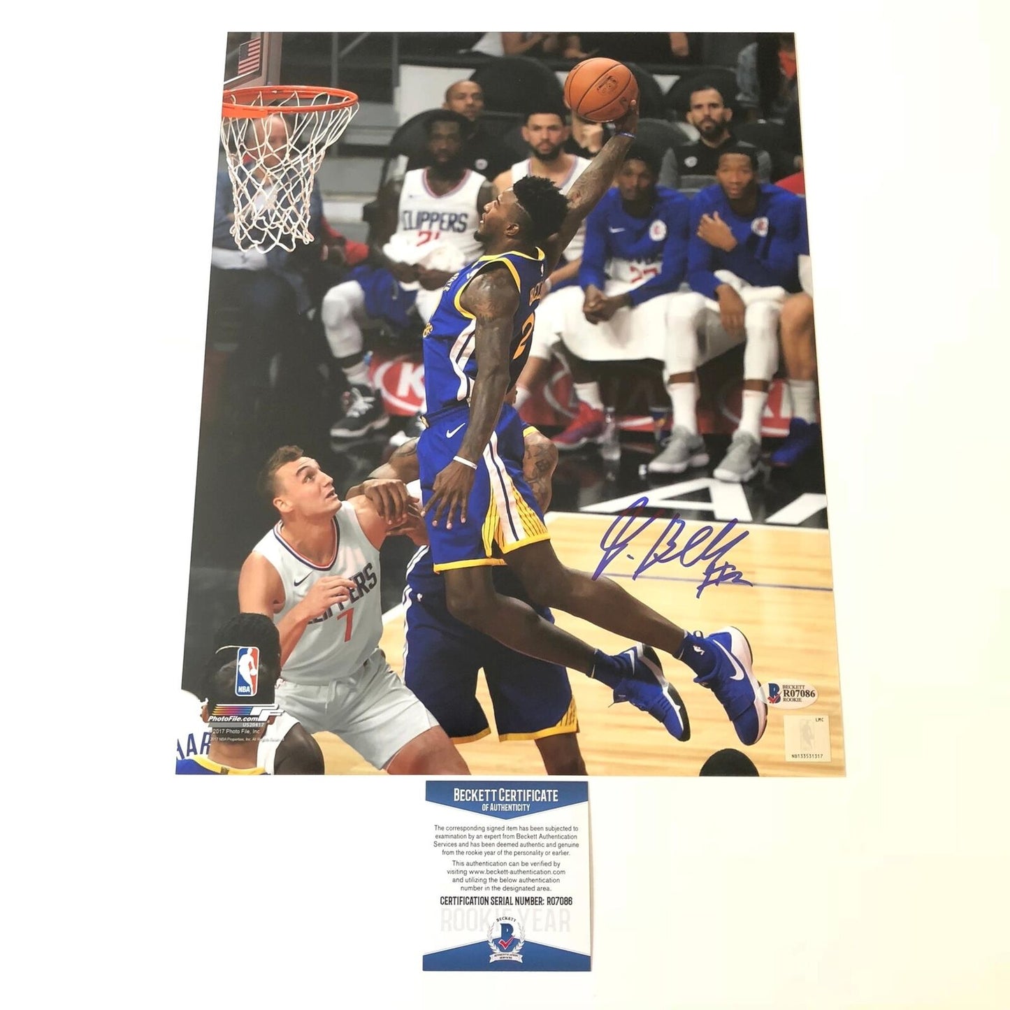 Jordan Bell signed 11x14 photo BAS Beckett Golden State Warriors Autographed