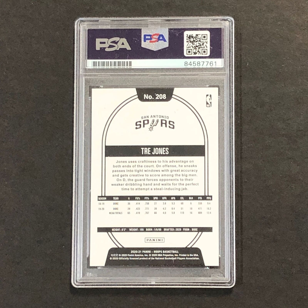 2020-21 NBA Hoops #208 Tre Jones Signed Card AUTO PSA/DNA Slabbed RC Spurs