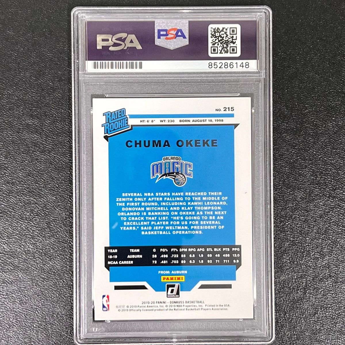 2019-20 Panini Donruss Rated Rookie #215 Chuma Okeke Signed Card AUTO PSA Slabbe