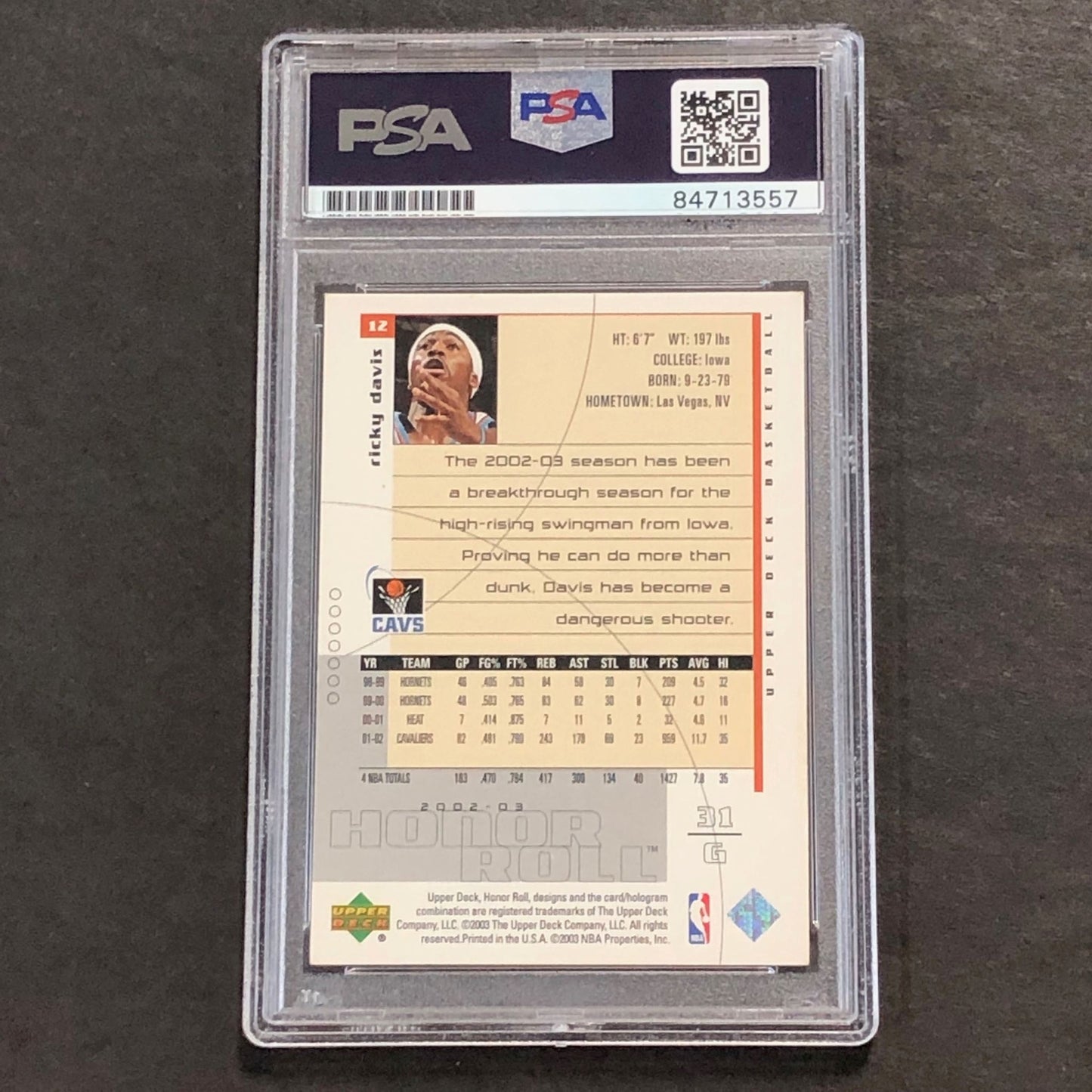 2002-03 Upper Deck Honor Roll #12 Ricky Davis Signed Card AUTO PSA Slabbed