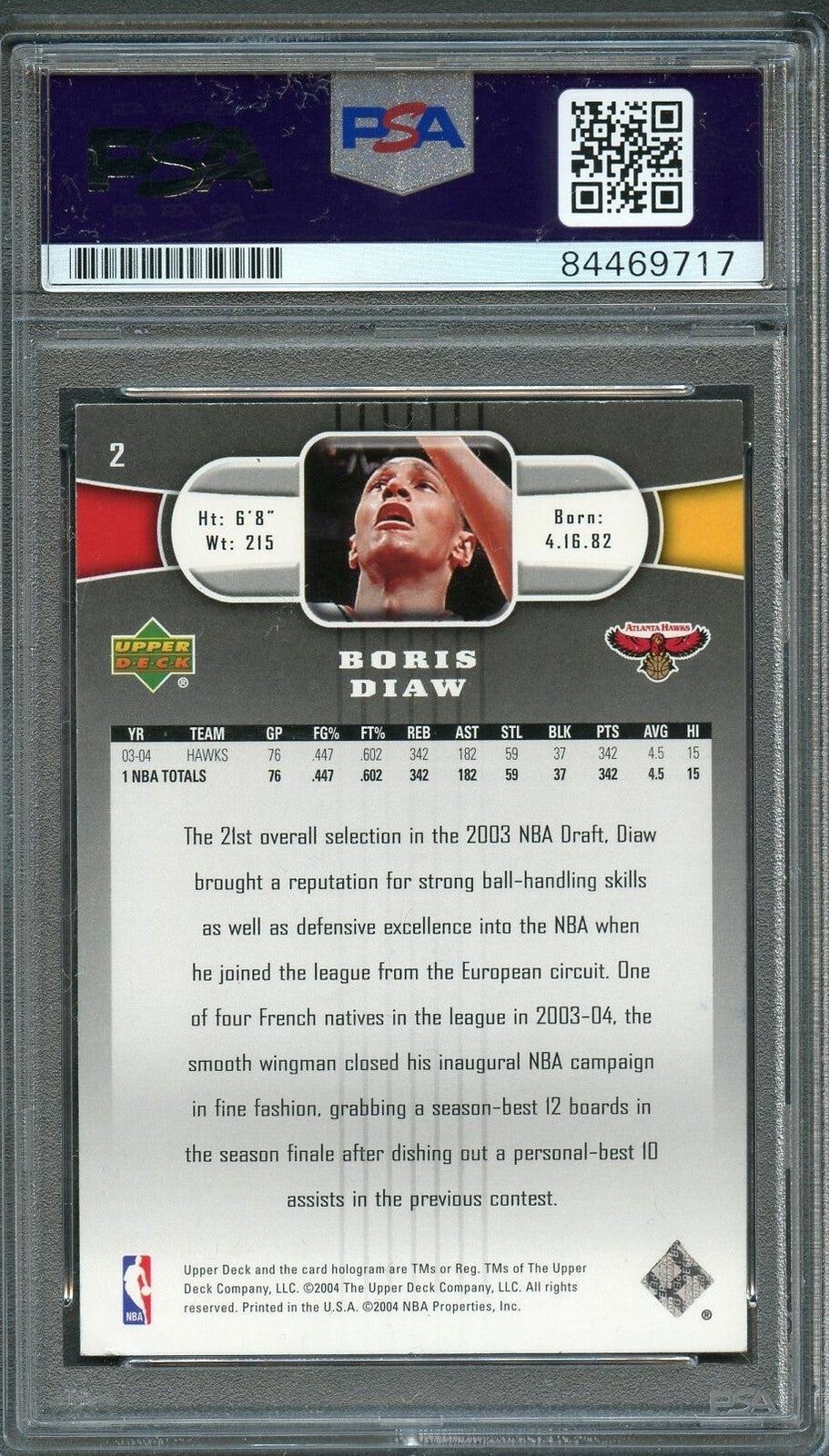 2004-05 Upper Deck #2 Boris Diaw Signed Card AUTO PSA Slabbed Hawks