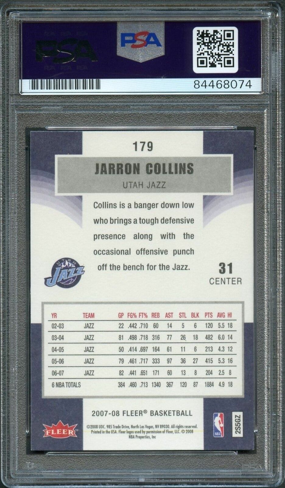 2007-08 Fleer #179 Jarron Collins Signed Card AUTO PSA Slabbed Jazz