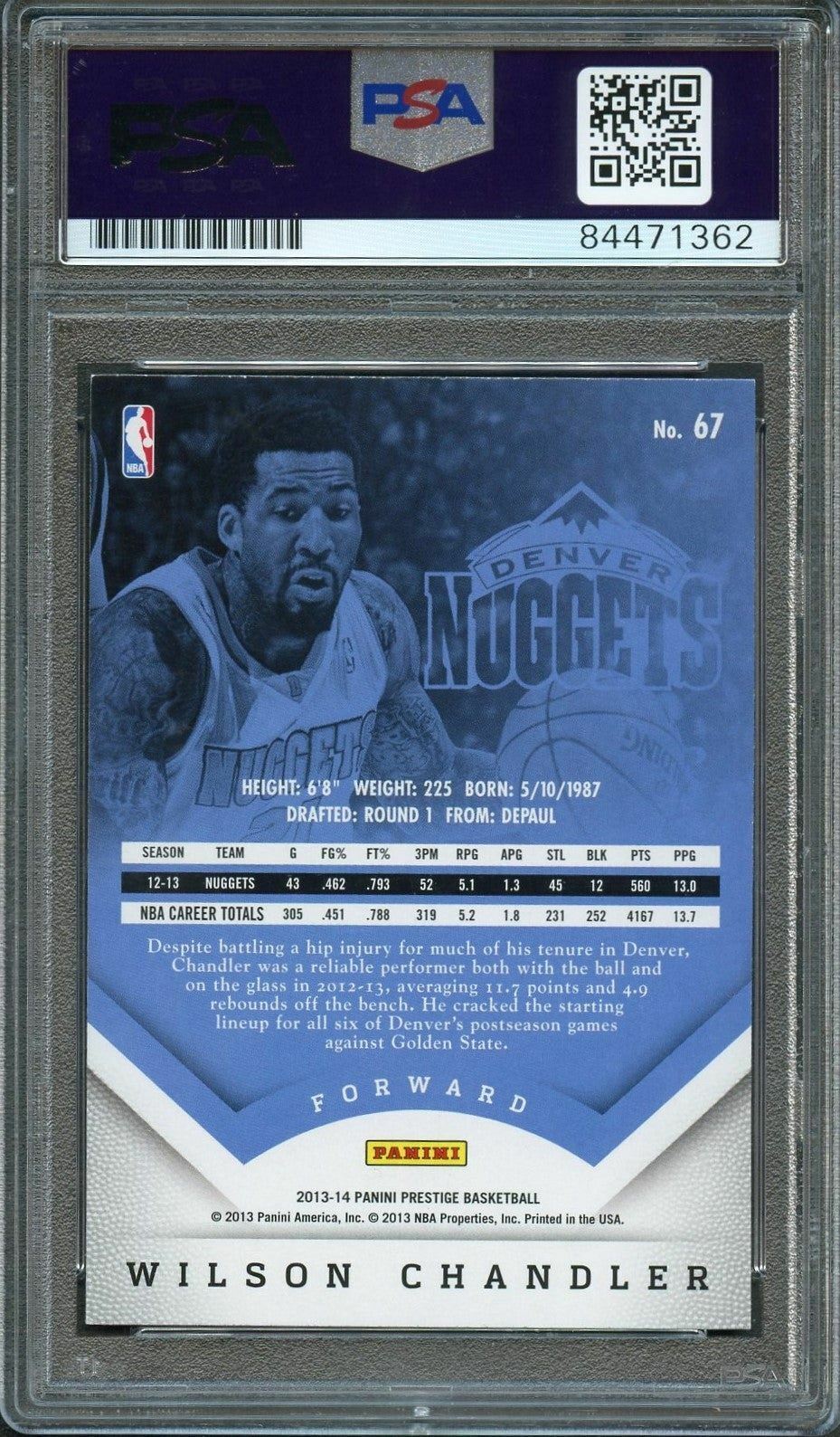 2013-14 Panini Prestige #67 Wilson Chandler Signed Card AUTO 10 PSA Slabbed