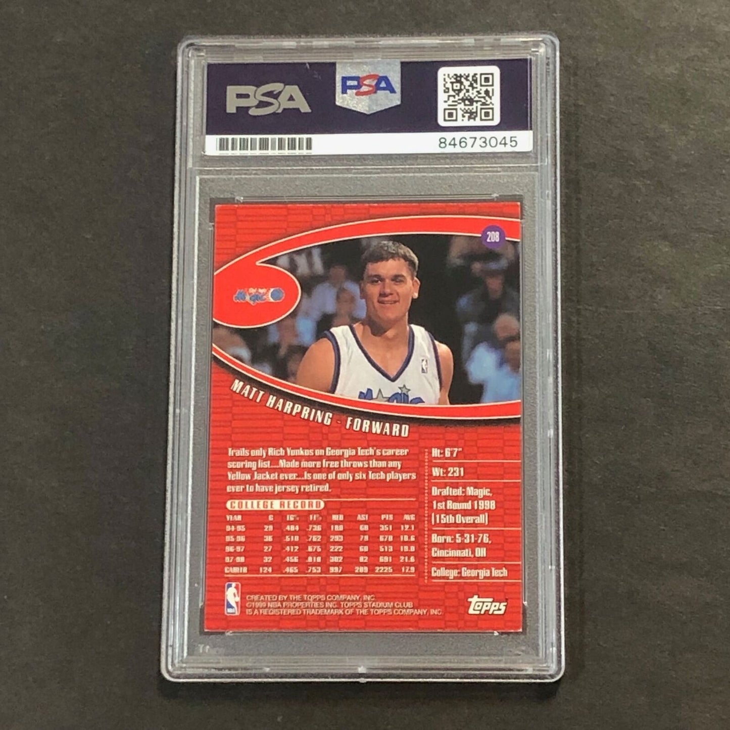 1998-99 Topps Stadium Club #208 Matt Harpring Signed Card AUTO GRADE 10 PSA Slab