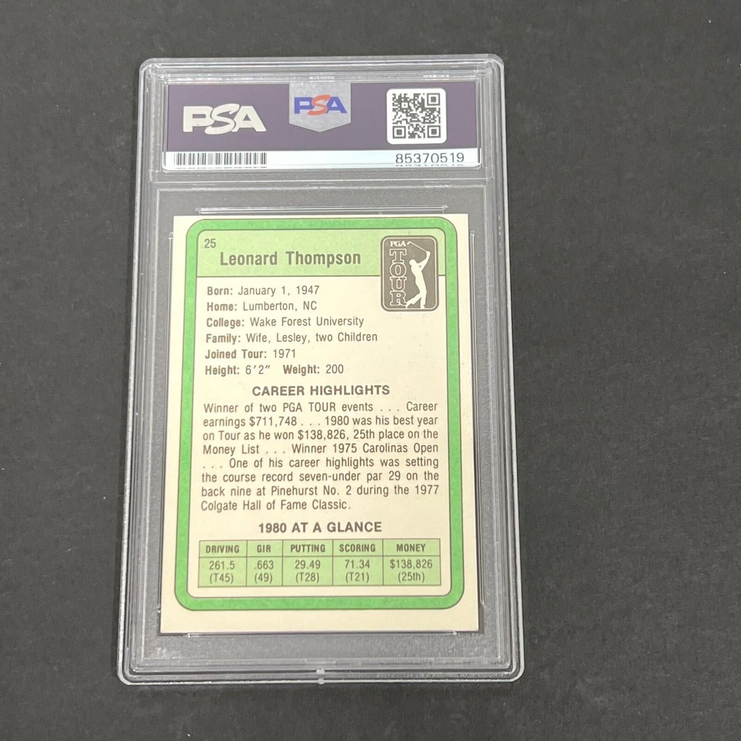 1981 Donruss PGA Tour Leonard Thompson #25 Signed Card Auto PSA Slabbed Golf