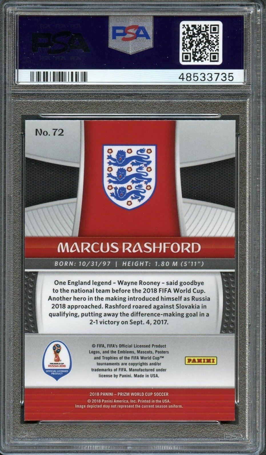 2018 Panini Prizm World Cup #72 Marcus Rashford Prizm PSA 10 Gem Mint