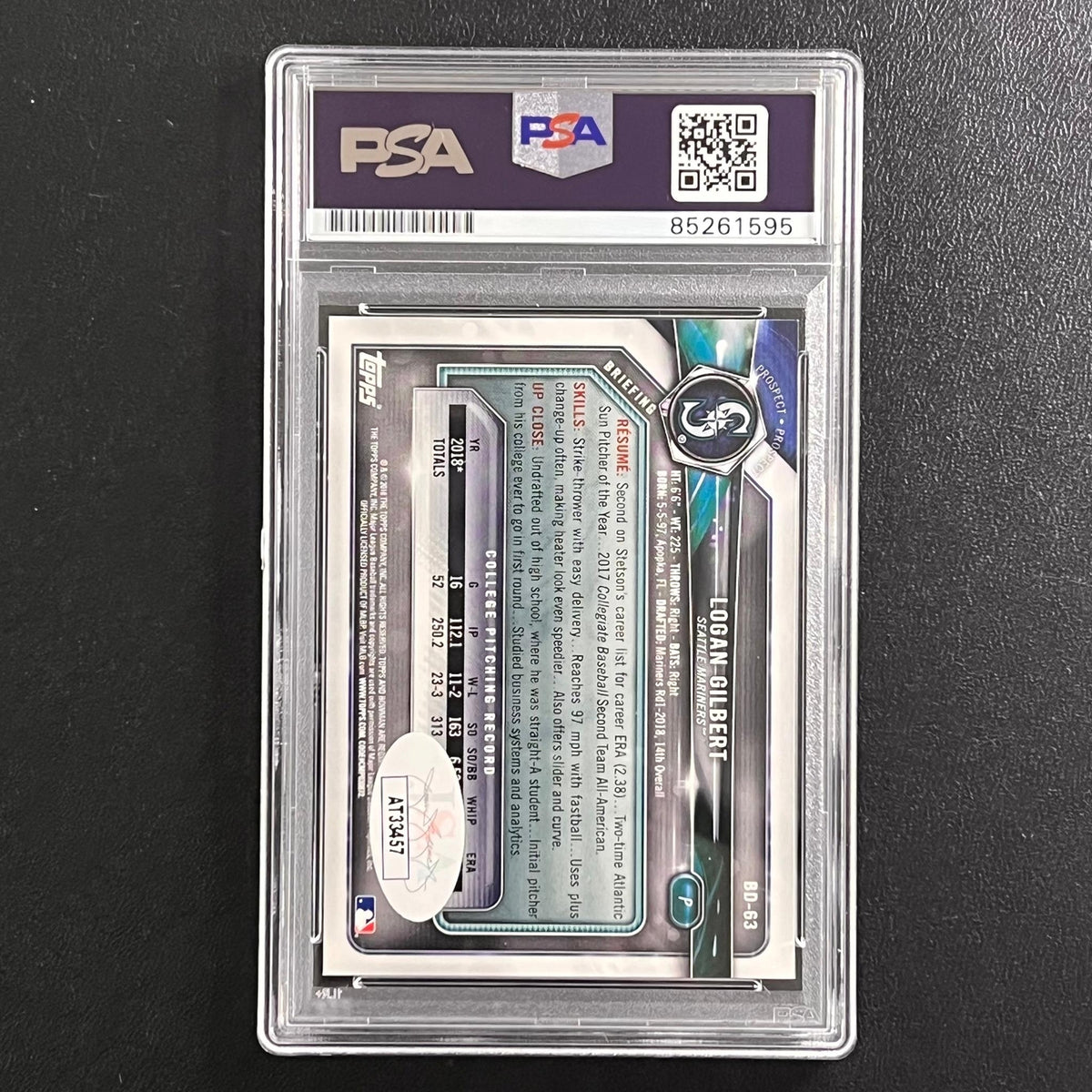 2019 Topps Bowman #BD-63 Logan Gilbert Signed Card PSA Slabbed AUTO 10 Mariners