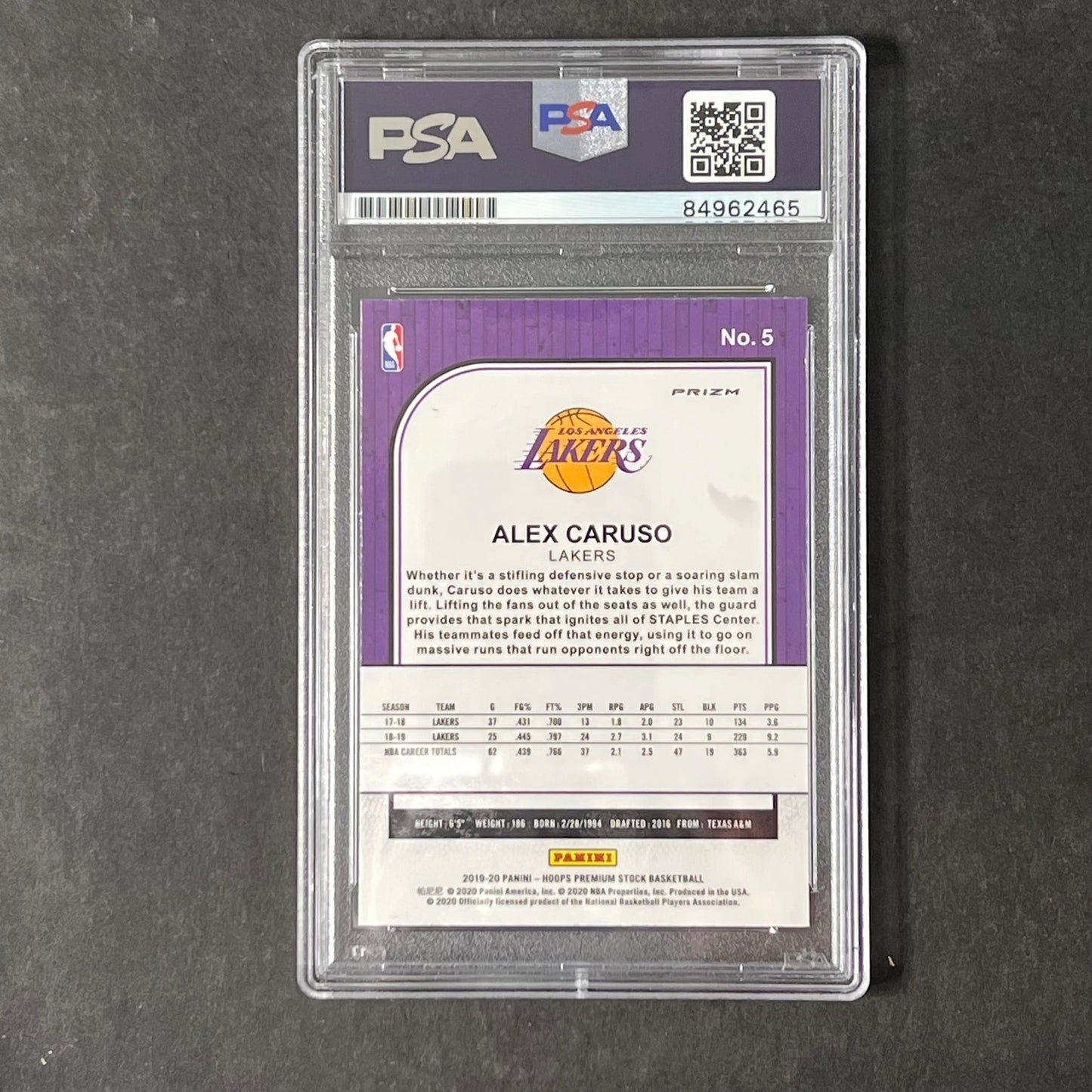 2019-20 Panini Hoops Premium Stock #5 Alex Caruso Signed Card AUTO PSA Slabbed L