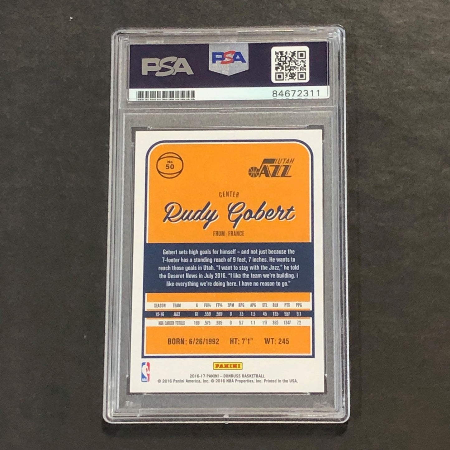 2016 Donruss #50 Rudy Gobert Signed Card AUTO PSA Slabbed Jazz