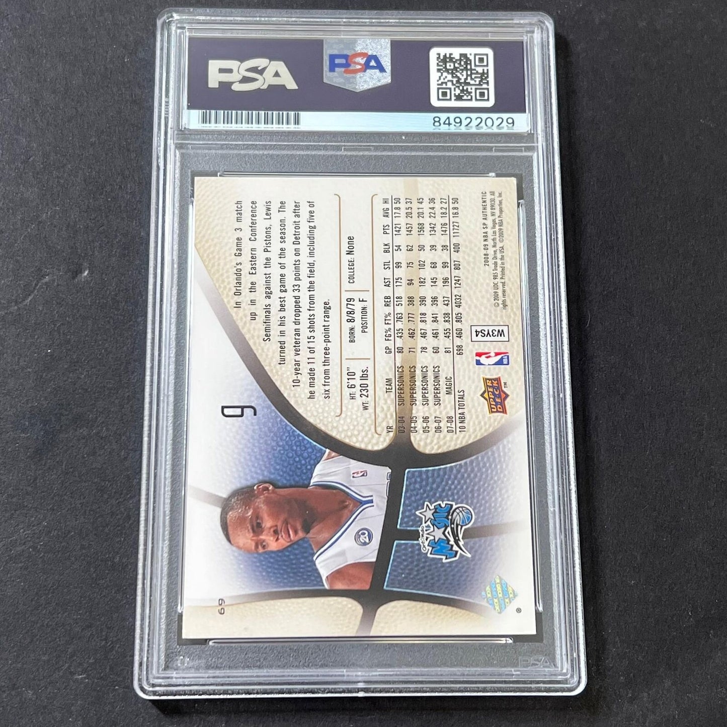 2008-09 NBA SP Authentic #9 Rashard Lewis Signed Card AUTO GRADE 10 PSA/DNA Slab