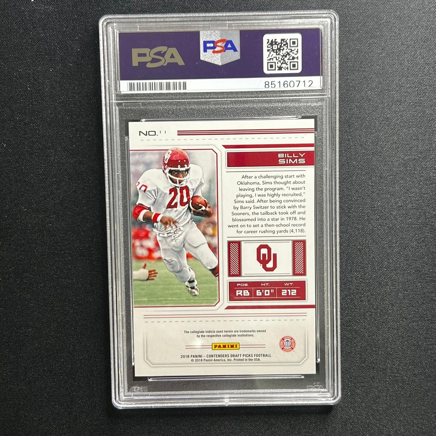 2018 Panini-Contenders Card #11 Billy Sims Signed Card PSA Slabbed Auto Oklahoma